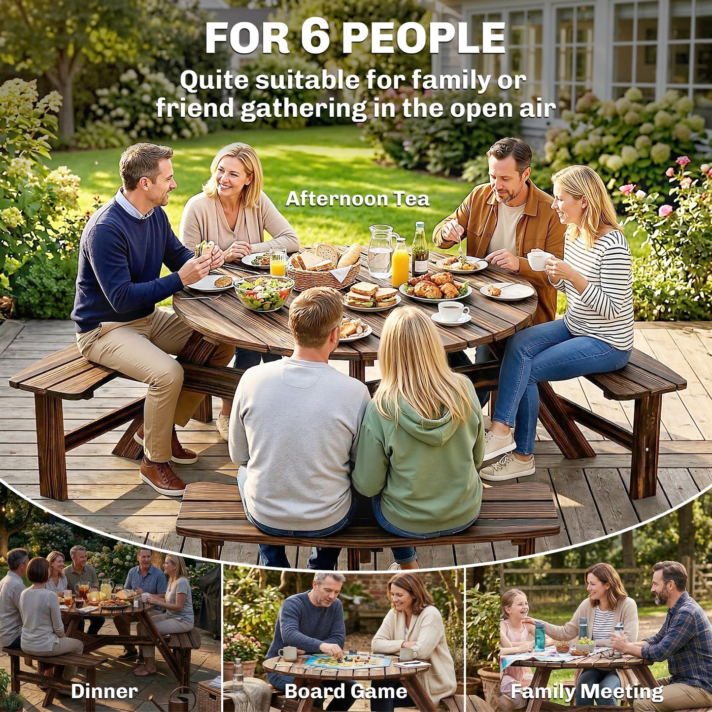 Wooden Garden Dining Set, 6 Seater Round Dining Picnic Table with Matching Bench, Garden Furniture Set with Parasol Hole for Outdoor Patio Party and Family Gatherings, Carbonized