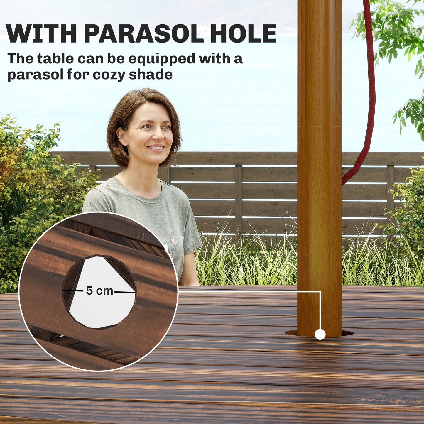 Wooden Garden Dining Set, 6 Seater Round Dining Picnic Table with Matching Bench, Garden Furniture Set with Parasol Hole for Outdoor Patio Party and Family Gatherings, Carbonized