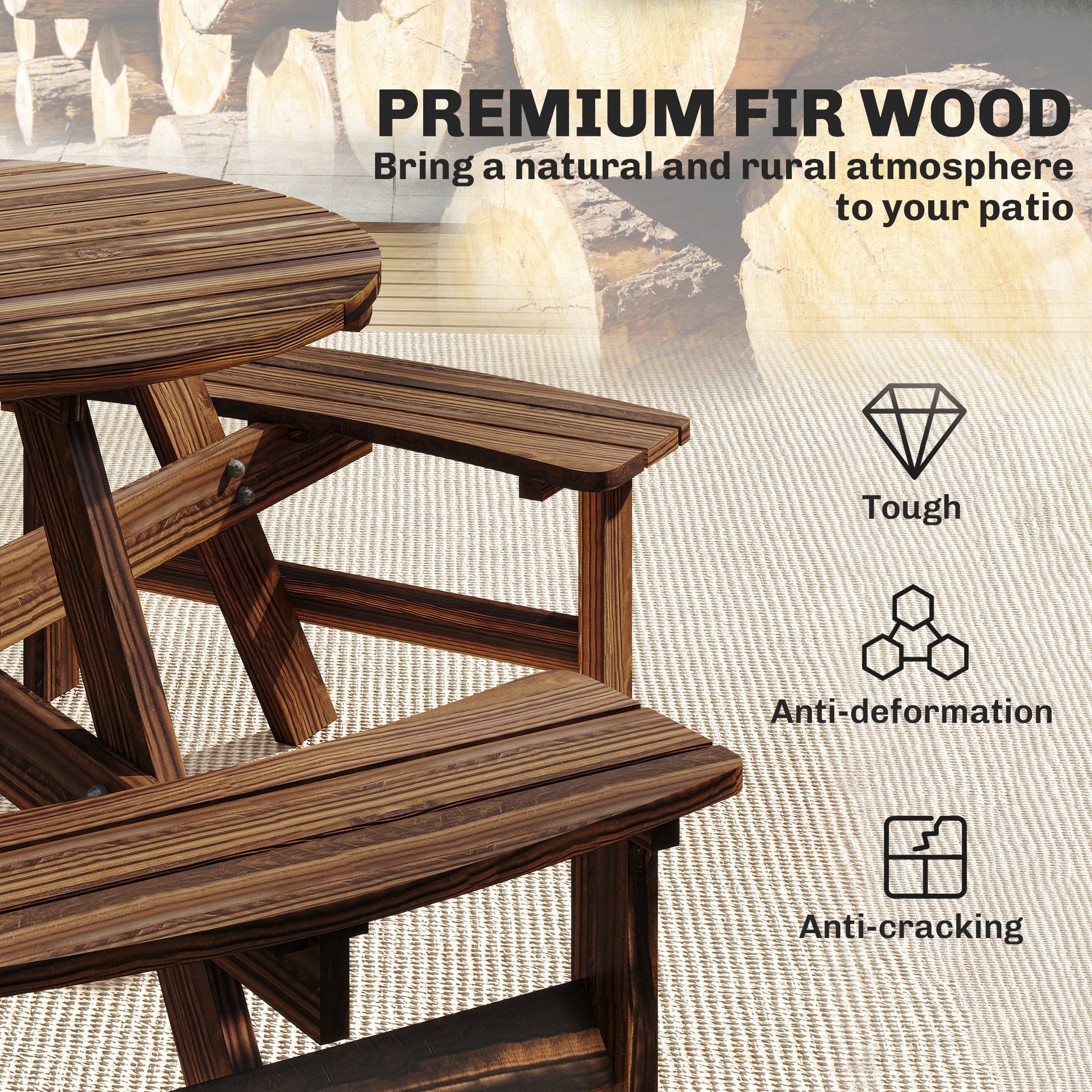 Wooden Garden Dining Set, 6 Seater Round Dining Picnic Table with Matching Bench, Garden Furniture Set with Parasol Hole for Outdoor Patio Party and Family Gatherings, Carbonized