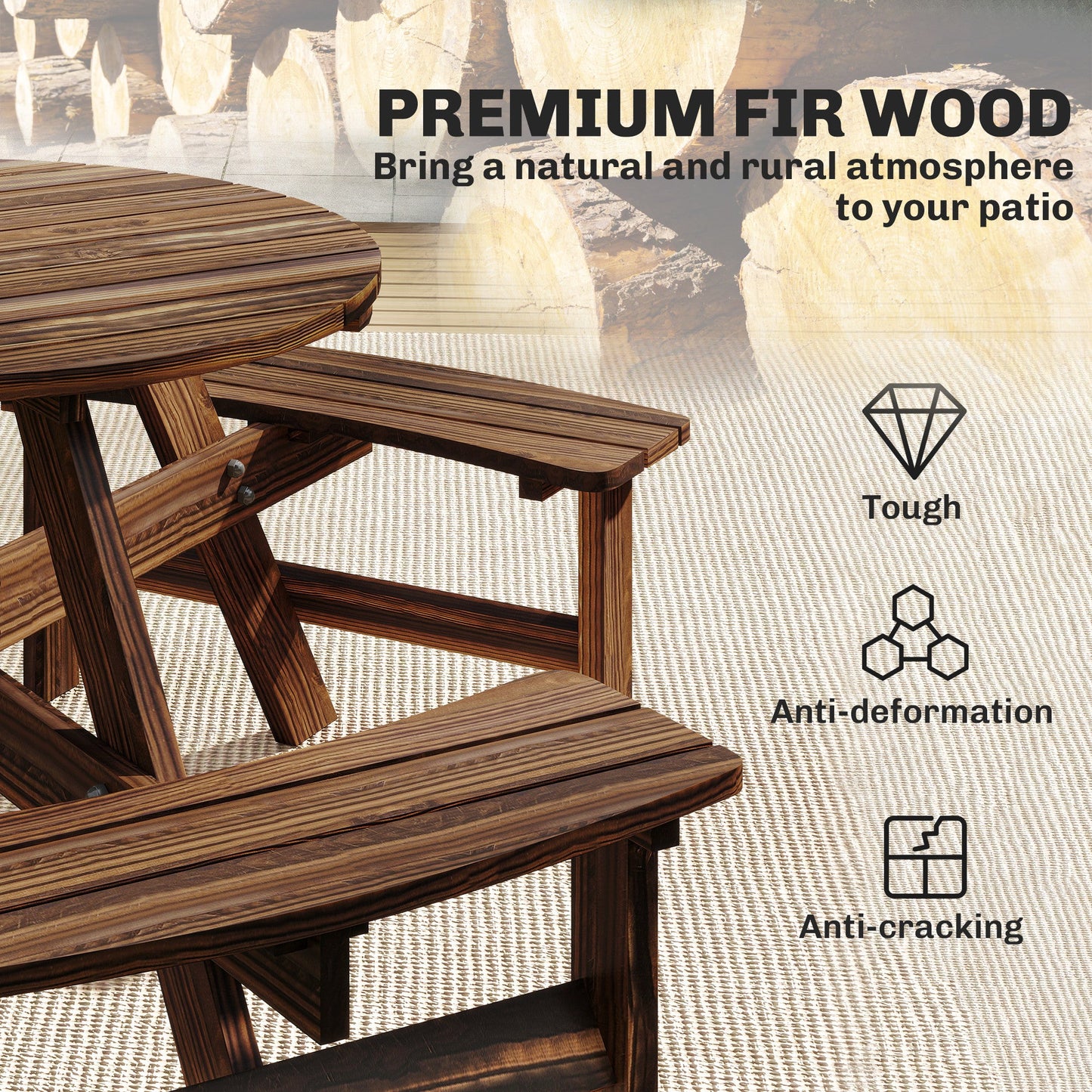 Wooden Garden Dining Set, 6 Seater Round Dining Picnic Table with Matching Bench, Garden Furniture Set with Parasol Hole for Outdoor Patio Party and Family Gatherings, Carbonized