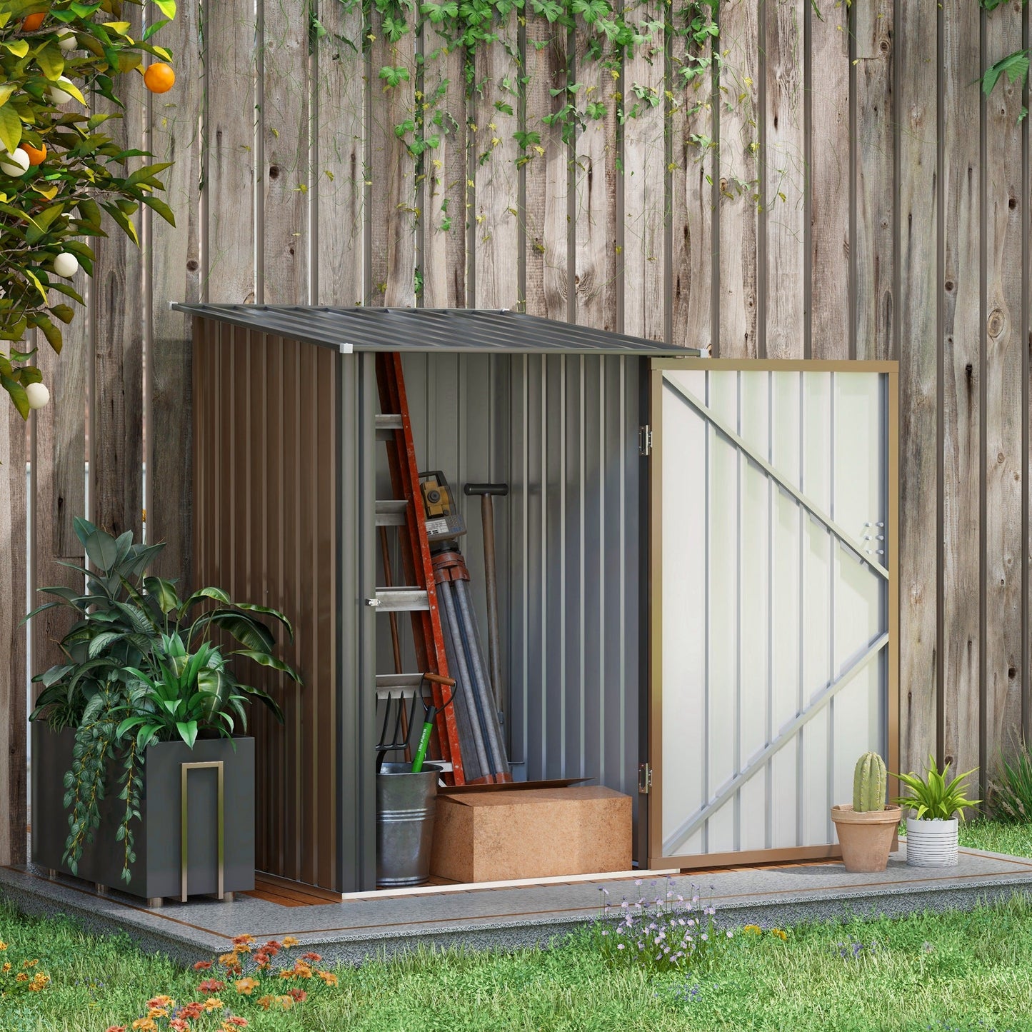 3.3ft x 3.4ft Lean to Garden Shed, Metal Outdoor Storage Shed with Single Lockable Door, Tool Storage Shed for Garden, Patio, Lawn, Brown