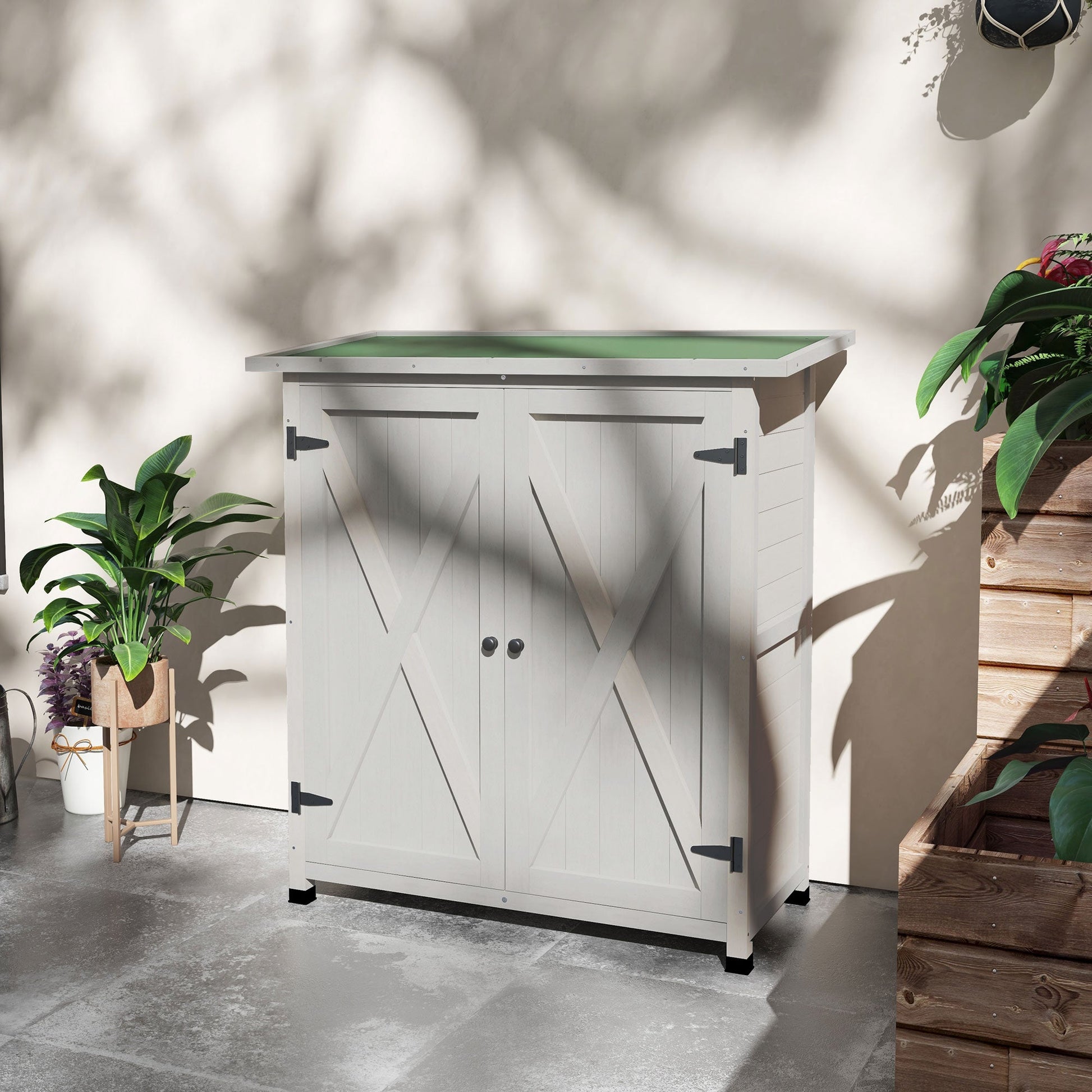 Wooden Garden Storage Shed, Tool Cabinet Organiser with Shelves and Double Door, 110 x 55 x117cm, Light Grey