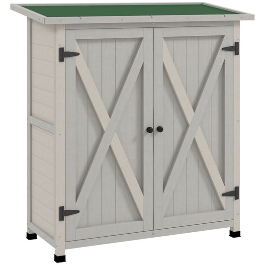 Wooden Garden Storage Shed, Tool Cabinet Organiser with Shelves and Double Door, 110 x 55 x117cm, Light Grey