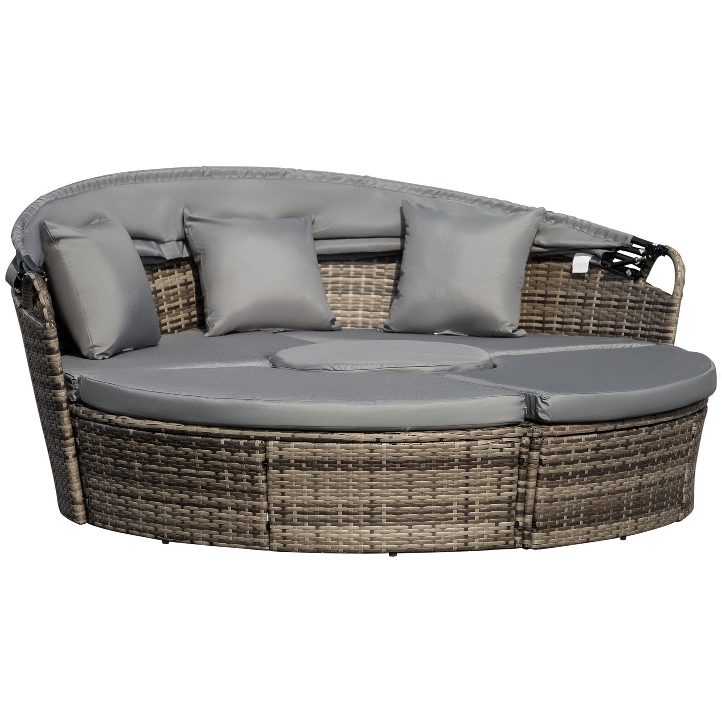Outdoor PE Rattan Garden Furniture with Cushioned, Patio Wicker Conversation Furniture Set, Round Daybed with Retractable Canopy, Coffee Table and Three Pillows, Dark Grey/Grey