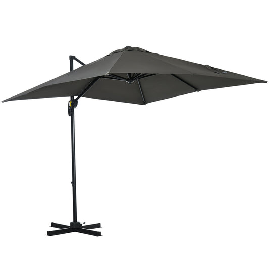 2.5 x 2.5m Patio Offset Parasol Umbrella Cantilever Hanging Aluminium Sun Shade Canopy Shelter 360° Rotation with Crank Handle and Cross Base, Grey