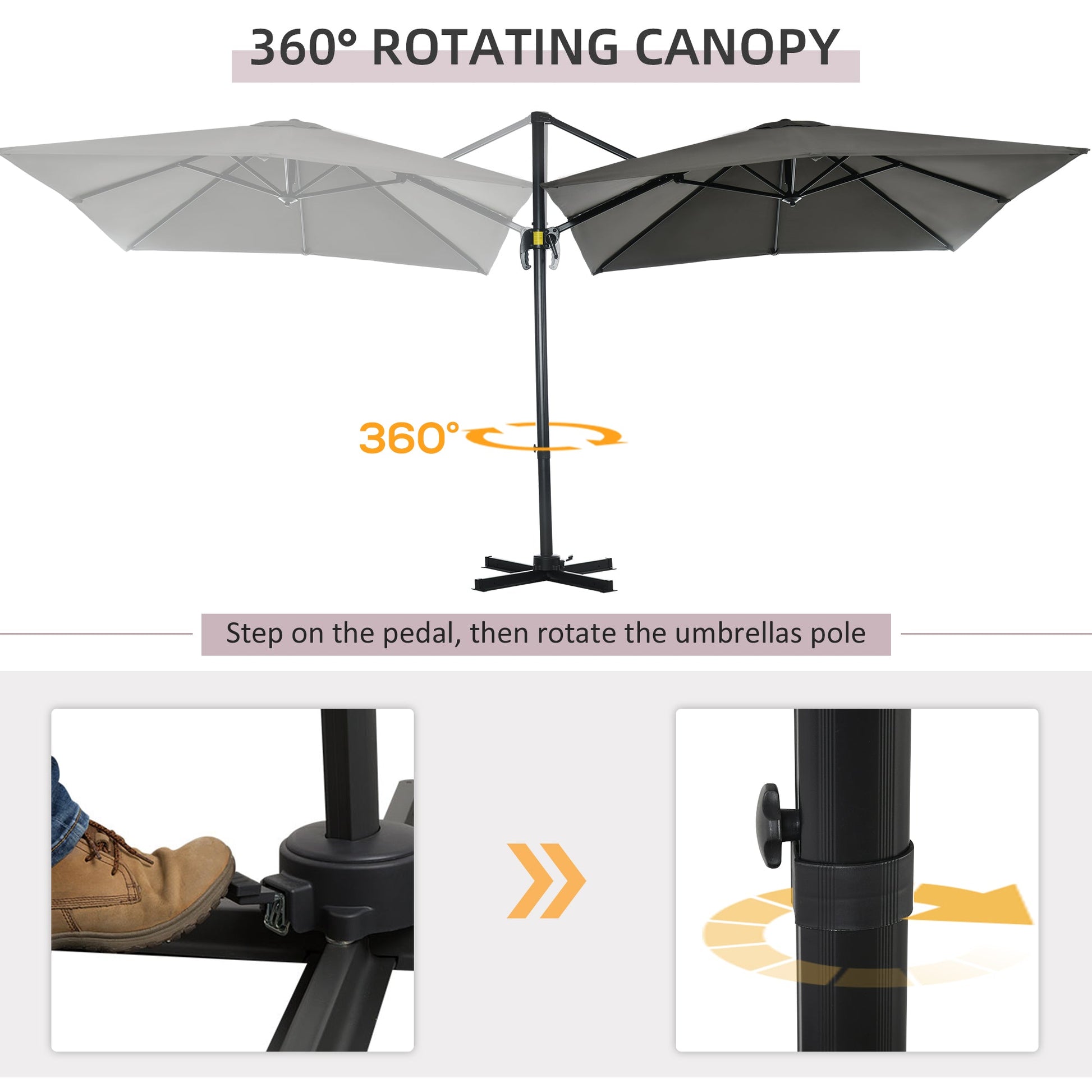 2.5 x 2.5m Patio Offset Parasol Umbrella Cantilever Hanging Aluminium Sun Shade Canopy Shelter 360° Rotation with Crank Handle and Cross Base, Grey