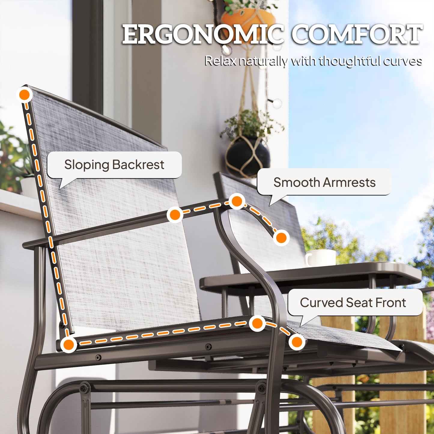 2 Seats Garden Glider Bench, Metal Frame Loveseat with Glass Top  Centre Table, Porch Rocking Glider for 2 Person, for Deck, Patio, Brown/ Grey