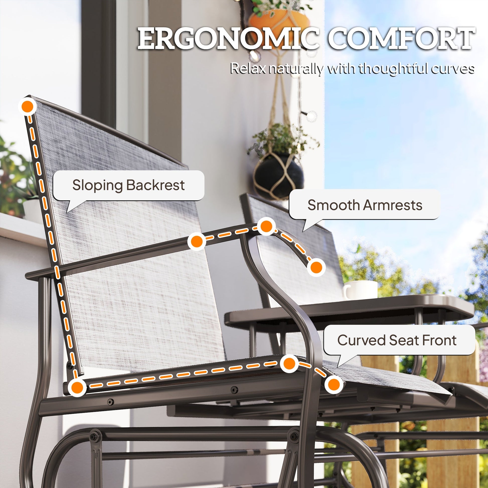 2 Seats Garden Glider Bench, Metal Frame Loveseat with Glass Top  Centre Table, Porch Rocking Glider for 2 Person, for Deck, Patio, Brown/ Grey