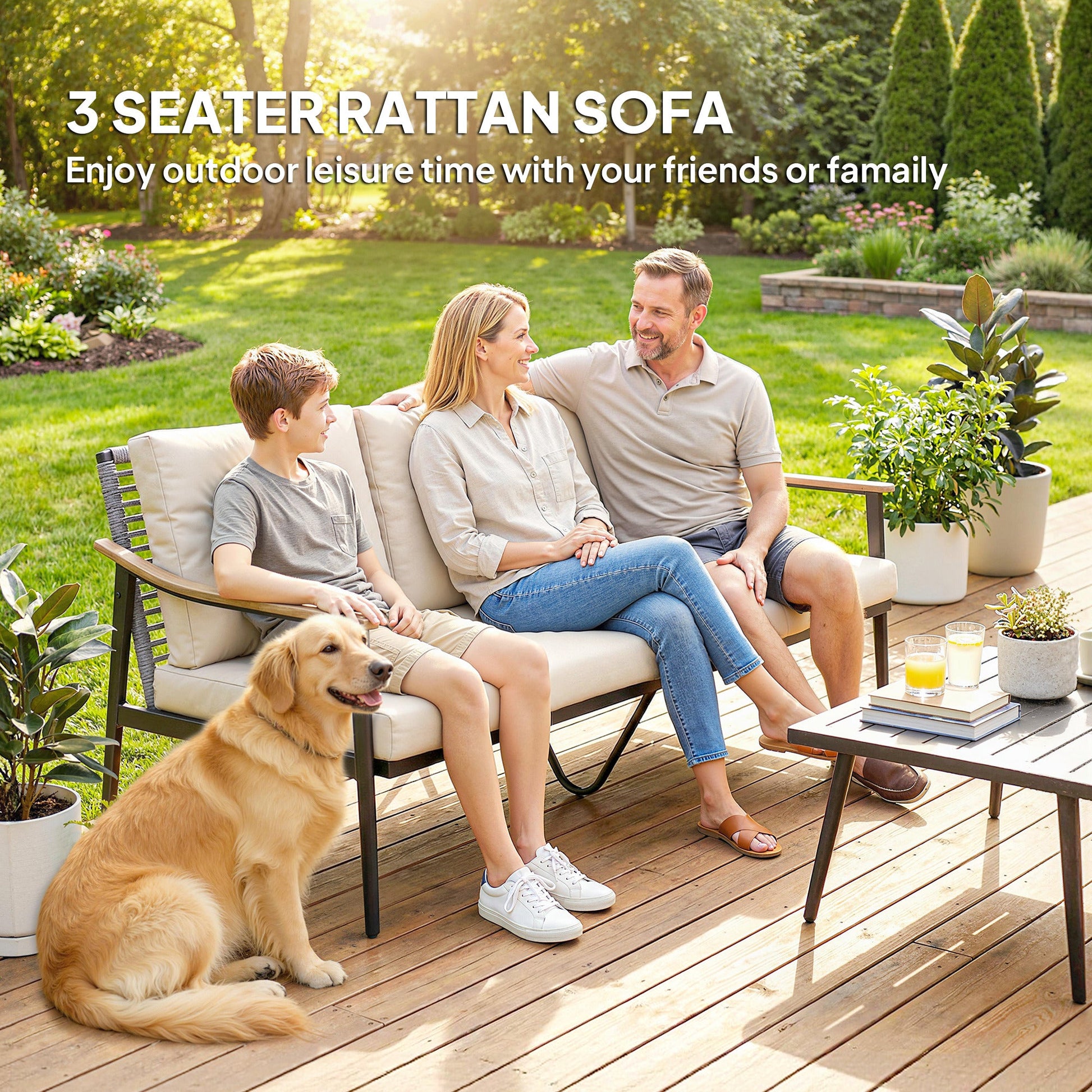 3 Seater Rattan Sofa, Outdoor Garden Sofa with Wood-Effect Armrests, PE Rattan Garden Furniture with Cushions, Steel Frame for Porch, Patio, Balcony, Khaki
