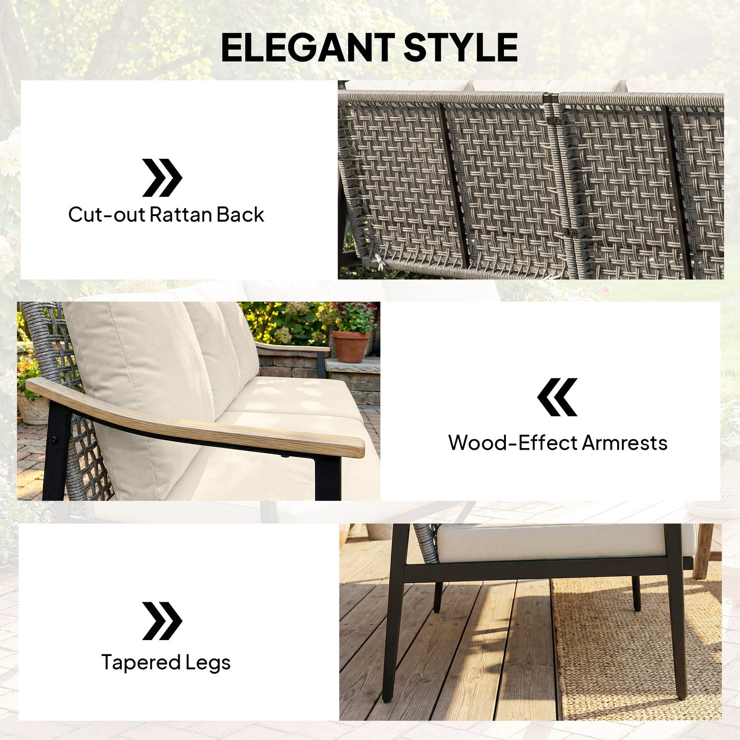 3 Seater Rattan Sofa, Outdoor Garden Sofa with Wood-Effect Armrests, PE Rattan Garden Furniture with Cushions, Steel Frame for Porch, Patio, Balcony, Khaki