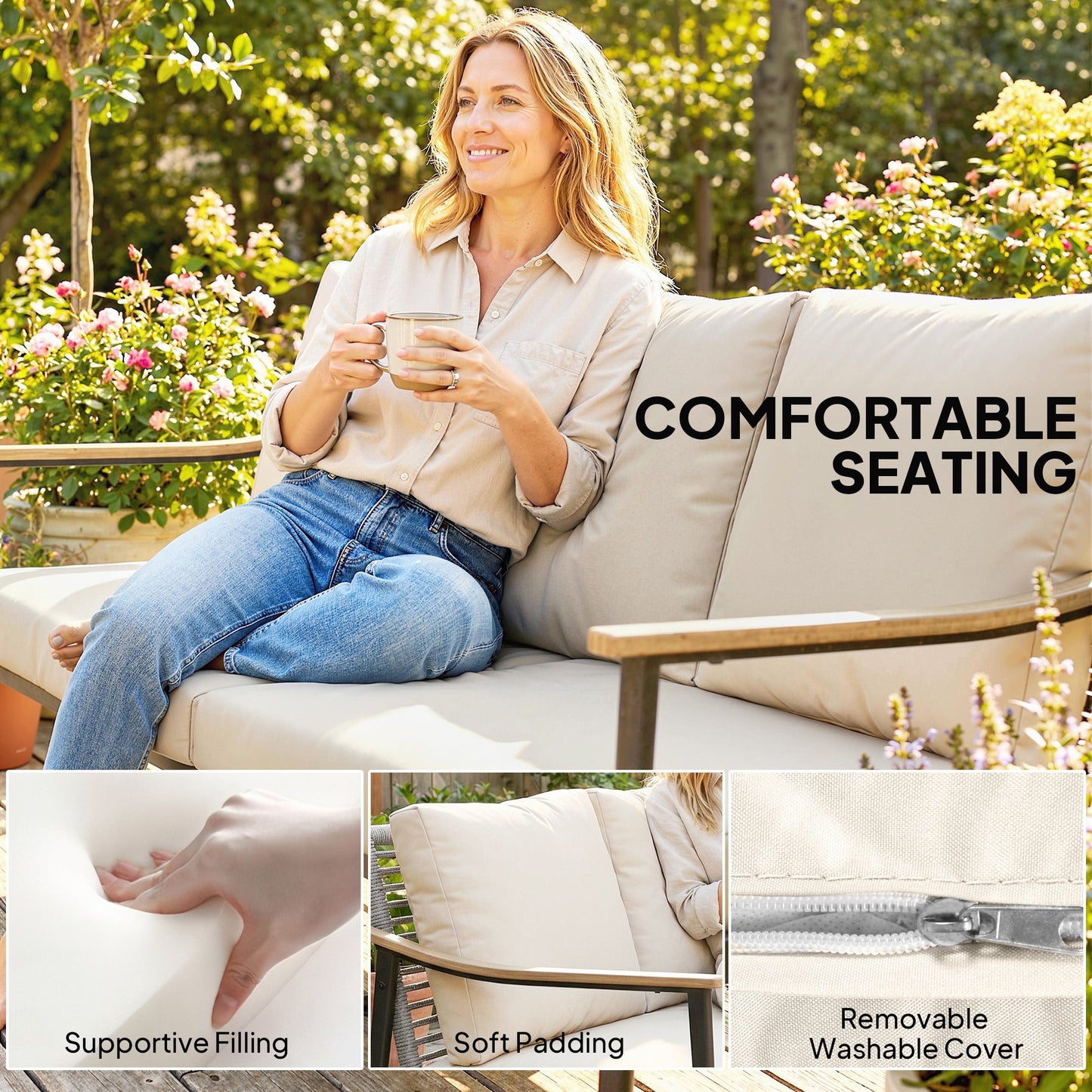 3 Seater Rattan Sofa, Outdoor Garden Sofa with Wood-Effect Armrests, PE Rattan Garden Furniture with Cushions, Steel Frame for Porch, Patio, Balcony, Khaki
