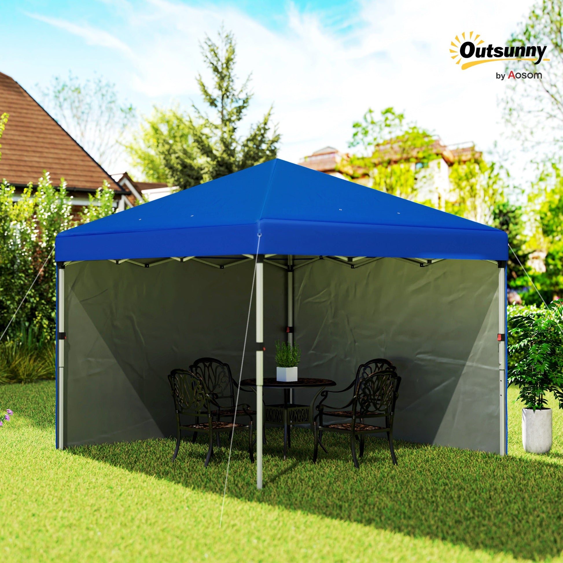3 x 3 (M) Pop Up Gazebo, UPF 30+ with 2 Sidewalls, Leg Weight Bags and Wheeled Bag, Height Adjustable Party Tent Event Shelter for Garden, Patio, Blue
