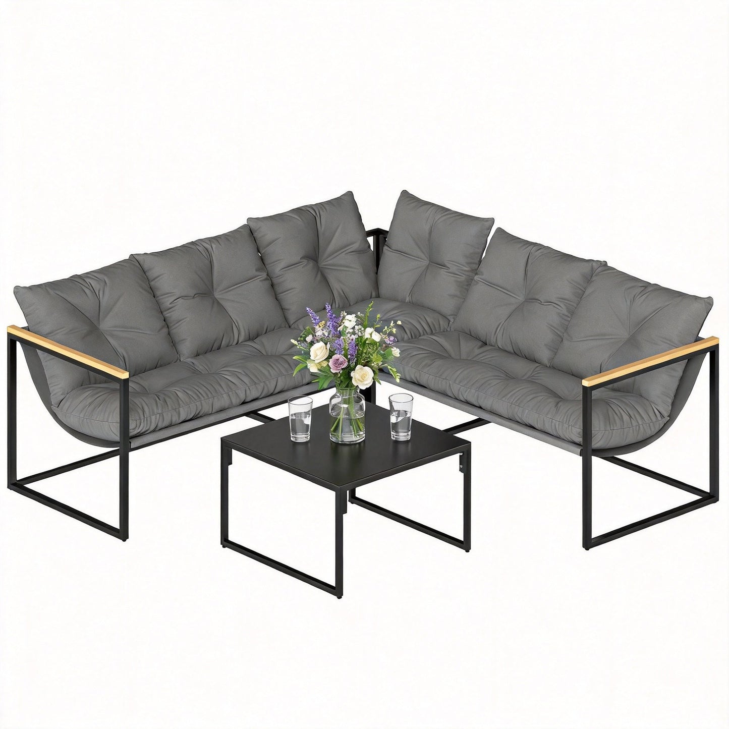 4 Piece Garden Furniture Set, Garden Table and Chairs with Thick Cushions, Patio Conversation Set with Coffee Table for Porch, Balcony, Deck, Grey