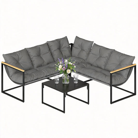 4 Piece Garden Furniture Set, Garden Table and Chairs with Thick Cushions, Patio Conversation Set with Coffee Table for Porch, Balcony, Deck, Grey