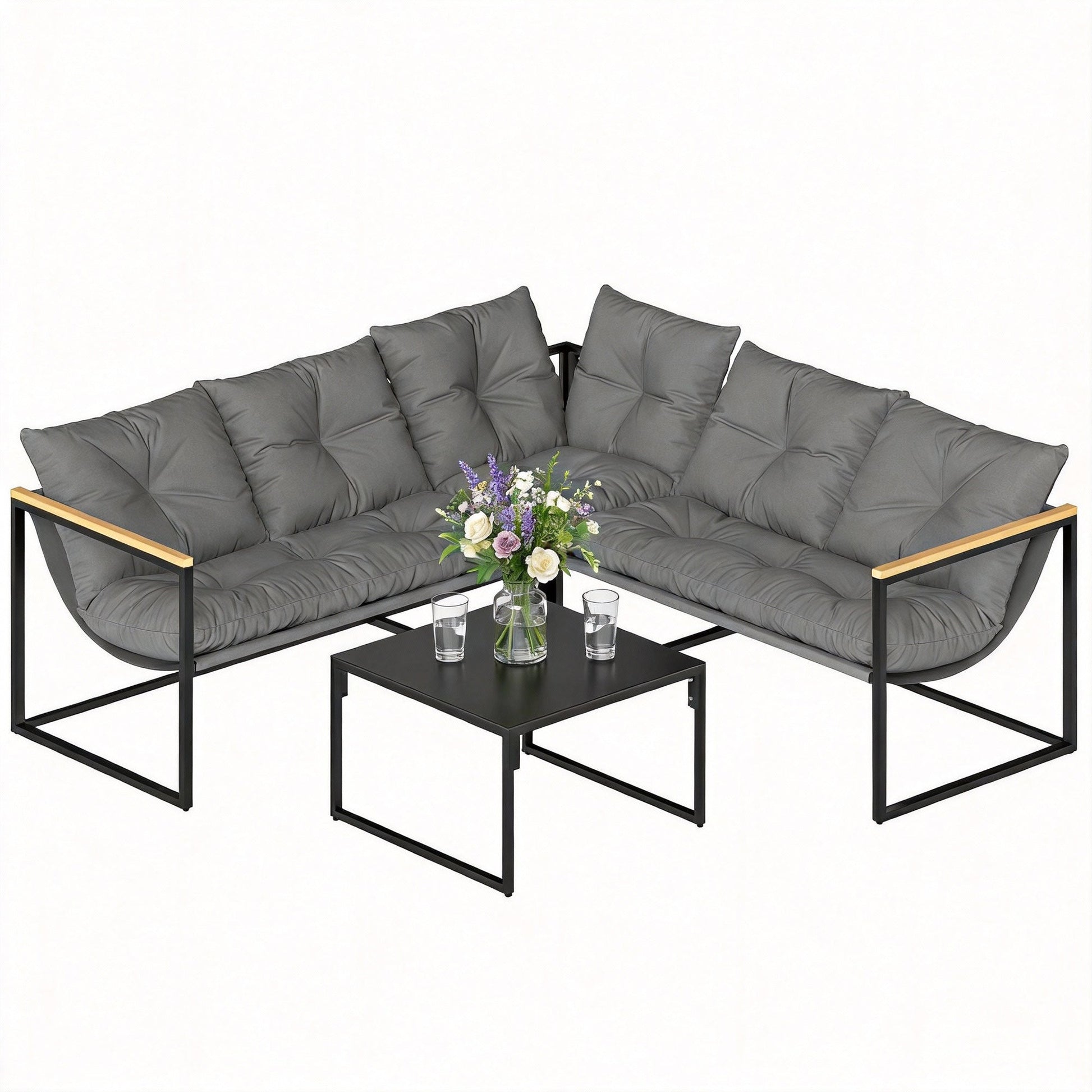 4 Piece Garden Furniture Set, Garden Table and Chairs with Thick Cushions, Patio Conversation Set with Coffee Table for Porch, Balcony, Deck, Grey