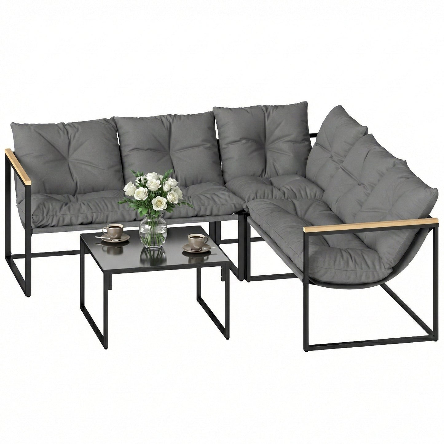 4 Piece Garden Furniture Set, Garden Table and Chairs with Thick Cushions, Patio Conversation Set with Coffee Table for Porch, Balcony, Deck, Grey