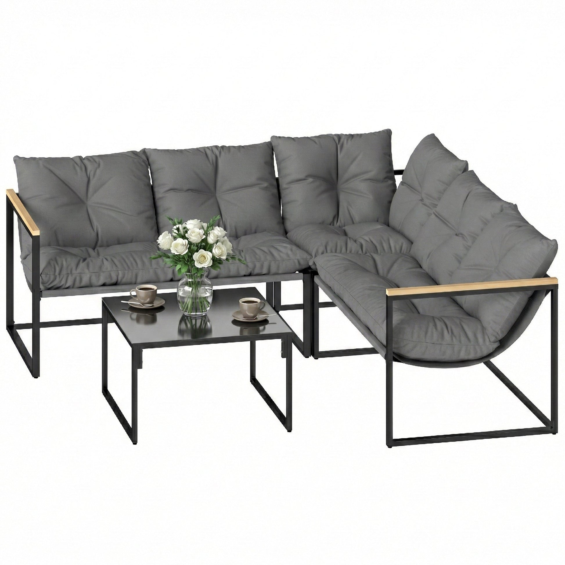 4 Piece Garden Furniture Set, Garden Table and Chairs with Thick Cushions, Patio Conversation Set with Coffee Table for Porch, Balcony, Deck, Grey