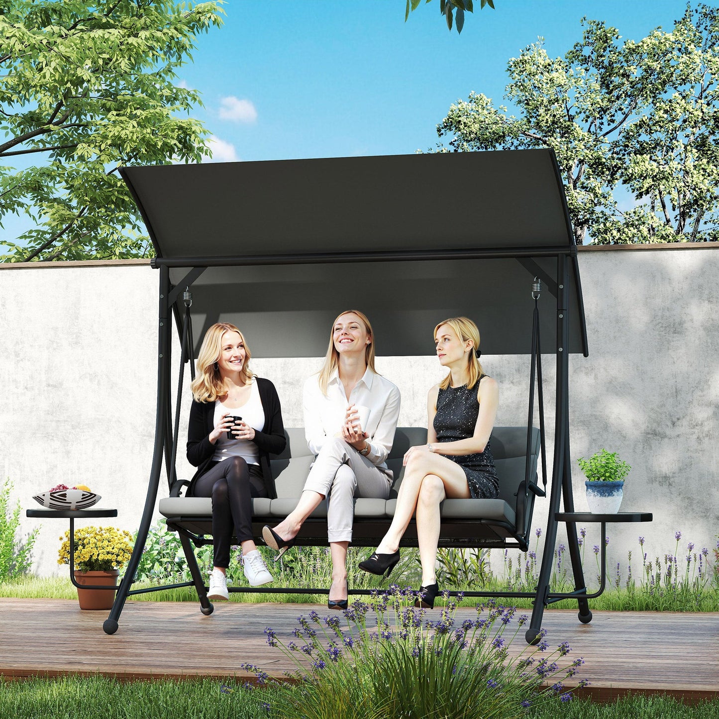 3 Seater Garden Swing Seat Swing Chair with Adjustable Canopy, Removable Cushion and Coffee Tables for Outdoor Patio Garden Dark Grey