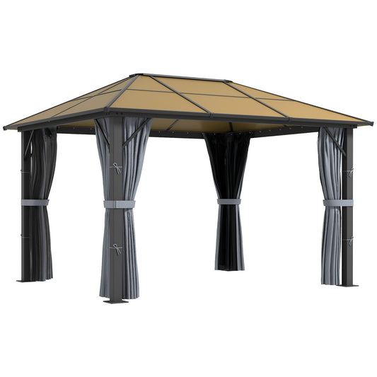3 x 3.6m Hardtop Gazebo Canopy with Polycarbonate Roof, Aluminium Frame, Permanent Pavilion Garden Gazebo with Netting and Curtains - Grey