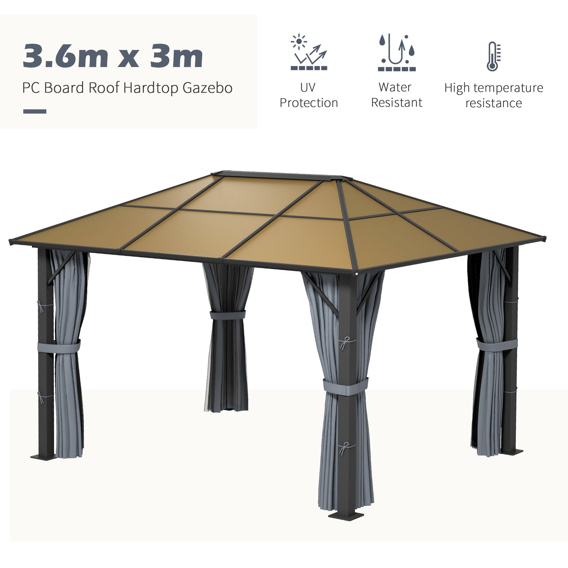 3 x 3.6m Hardtop Gazebo Canopy with Polycarbonate Roof, Aluminium Frame, Permanent Pavilion Garden Gazebo with Netting and Curtains - Grey