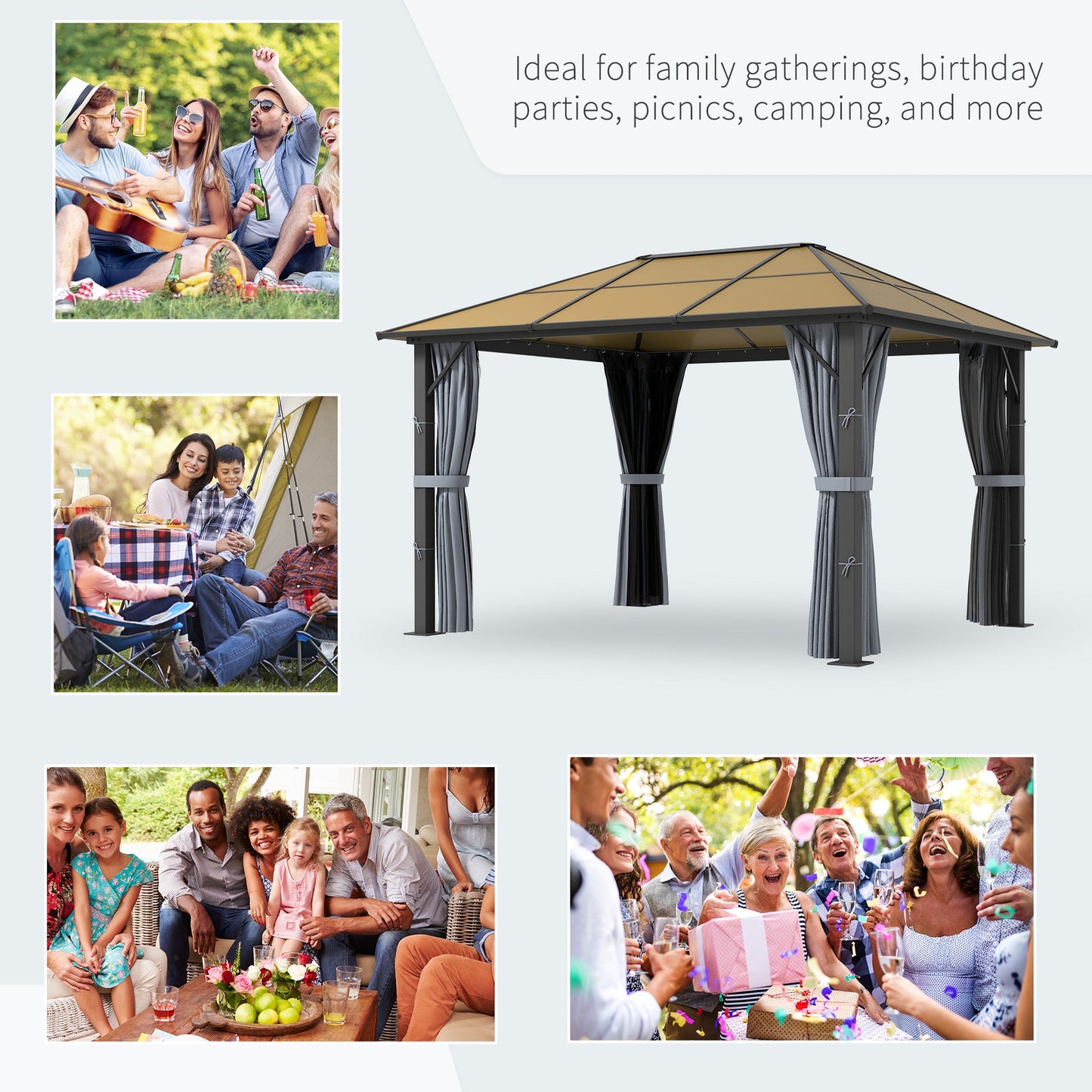 3 x 3.6m Hardtop Gazebo Canopy with Polycarbonate Roof, Aluminium Frame, Permanent Pavilion Garden Gazebo with Netting and Curtains - Grey