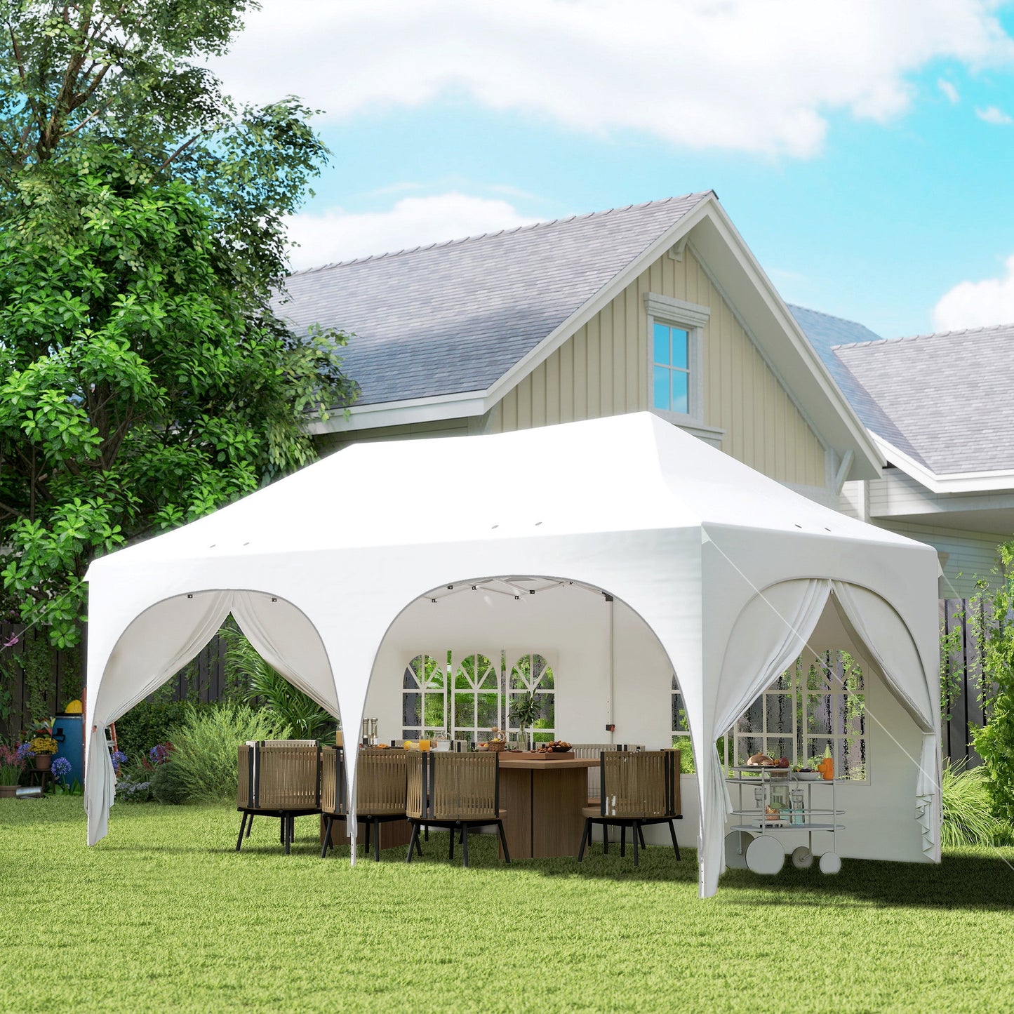 3 x 6m Pop Up Gazebo with Sides, 6 Sandbags, Peak Top Height Adjustable Outdoor Garden Party Tent Marquee Wedding Awning Canopy Instant Event Shelter with Carry Bag, Windows, Light Grey/White