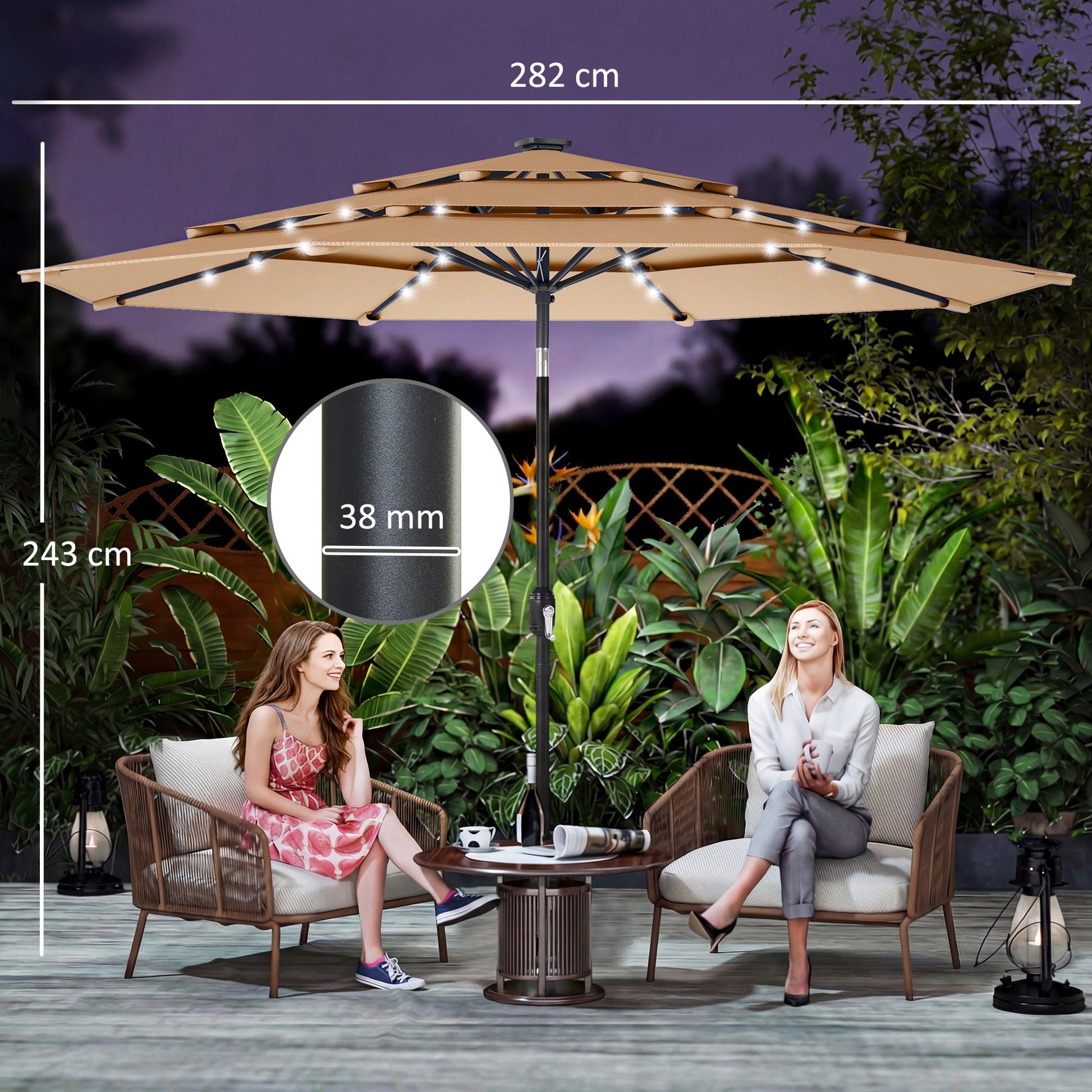 2.8 m Garden Parasol Umbrella with LED Solar Light, Parasol Cover, 3 Tier Outdoor Table Market Patio Umbrella Sun Shade with Tilt and Crank, 8 Ribs, Khaki
