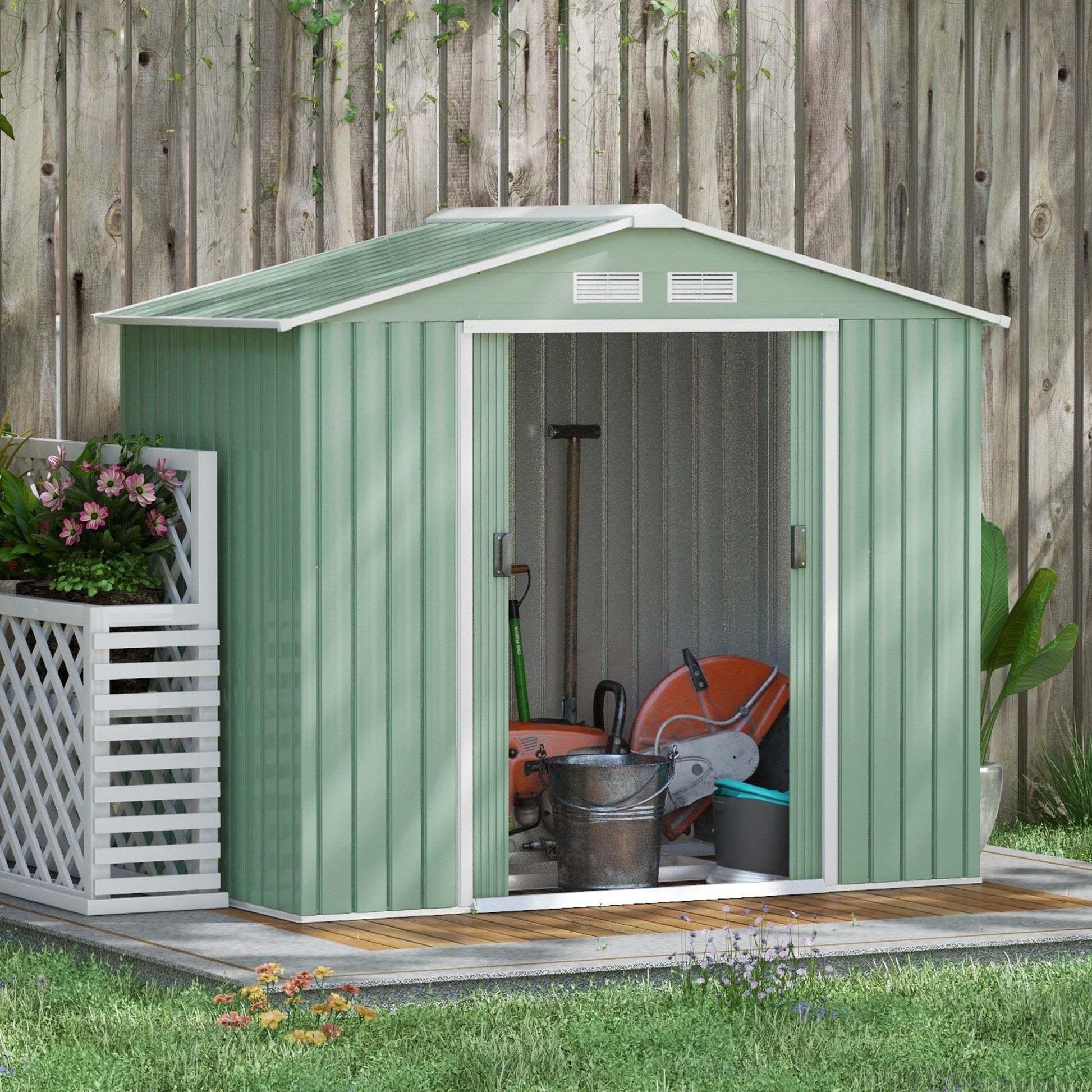 7 x 4ft Metal Garden Shed, Outdoor Storage Tool House with Ventilation Slots, Foundation Kit and Lockable Double Doors, Light Green