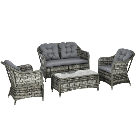 4 Pieces Outdoor PE Rattan Garden Furniture with Cushions, Patio Special Hand Weave Wicker Conservatory Sofa Set with Glass Top Coffee Table, Mixed Grey