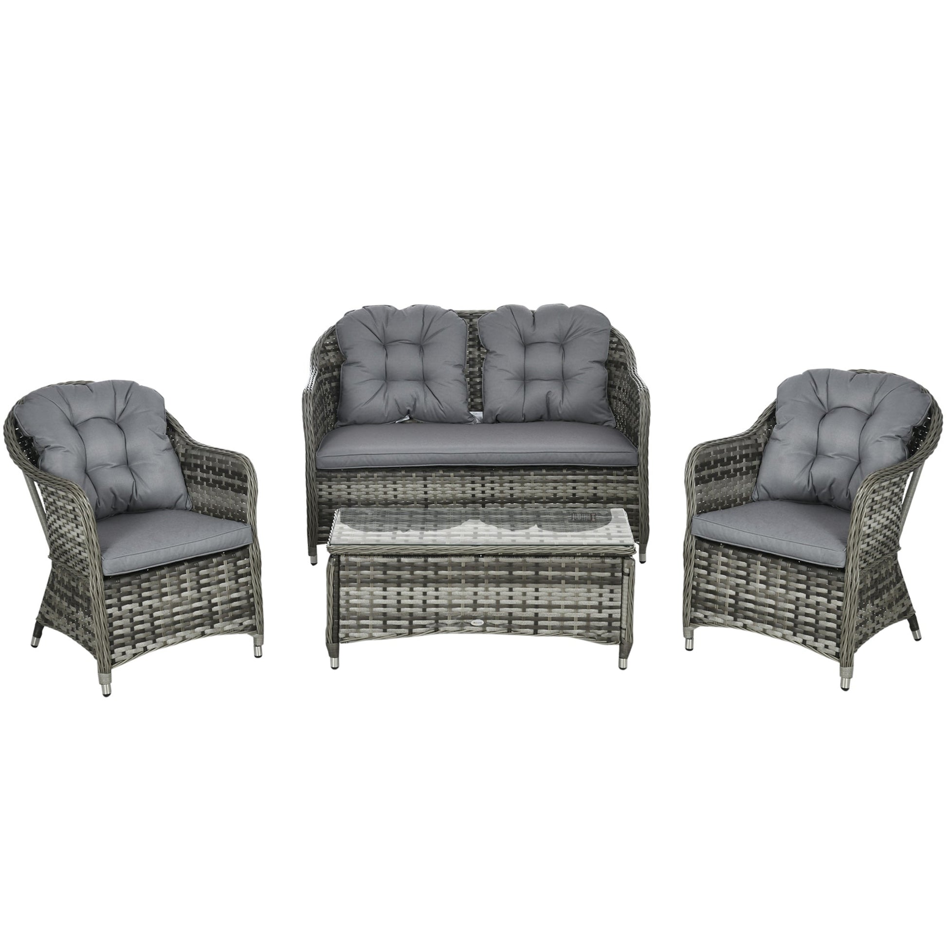 4 Pieces Outdoor PE Rattan Garden Furniture with Cushions, Patio Special Hand Weave Wicker Conservatory Sofa Set with Glass Top Coffee Table, Mixed Grey