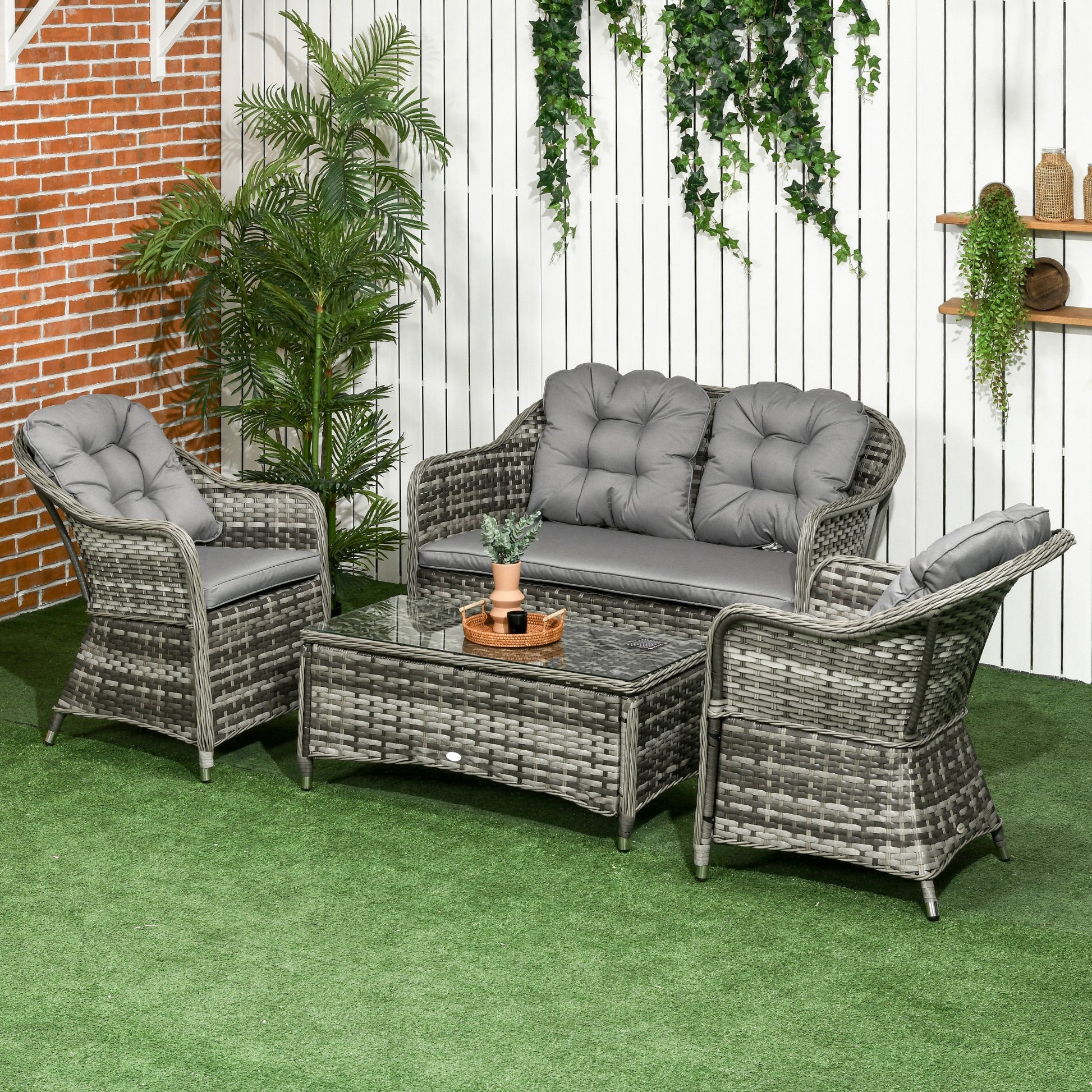4 Pieces Outdoor PE Rattan Garden Furniture with Cushions, Patio Special Hand Weave Wicker Conservatory Sofa Set with Glass Top Coffee Table, Mixed Grey