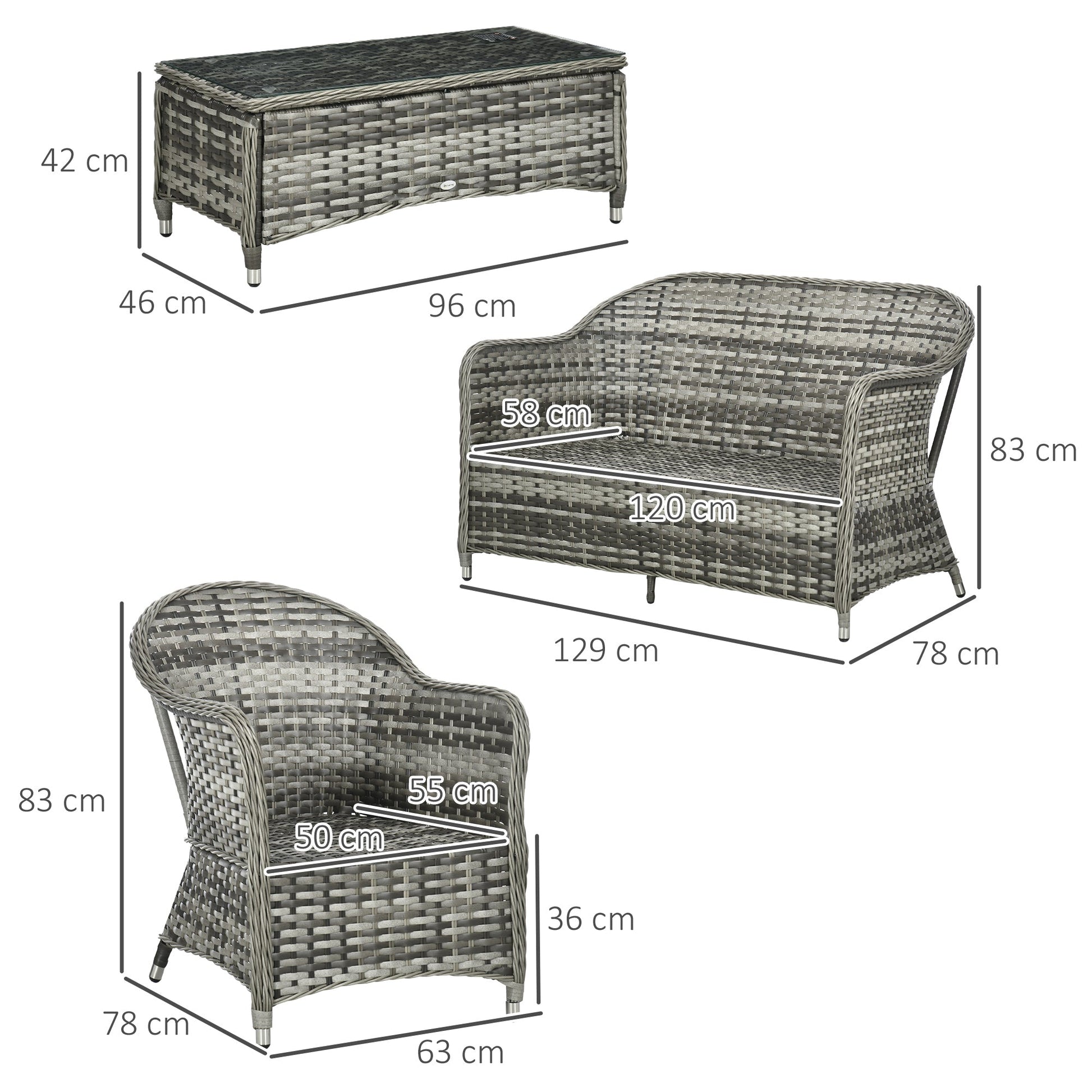 4 Pieces Outdoor PE Rattan Garden Furniture with Cushions, Patio Special Hand Weave Wicker Conservatory Sofa Set with Glass Top Coffee Table, Mixed Grey