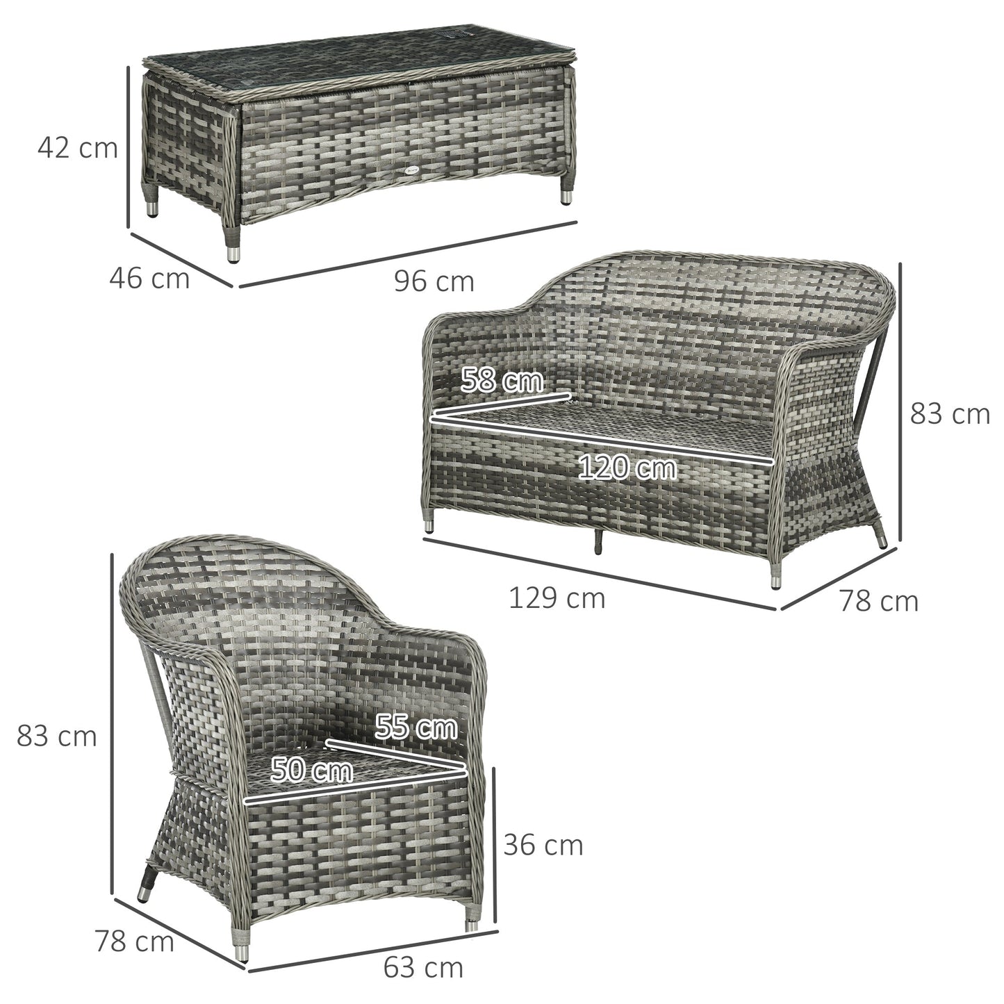 4 Pieces Outdoor PE Rattan Garden Furniture with Cushions, Patio Special Hand Weave Wicker Conservatory Sofa Set with Glass Top Coffee Table, Mixed Grey