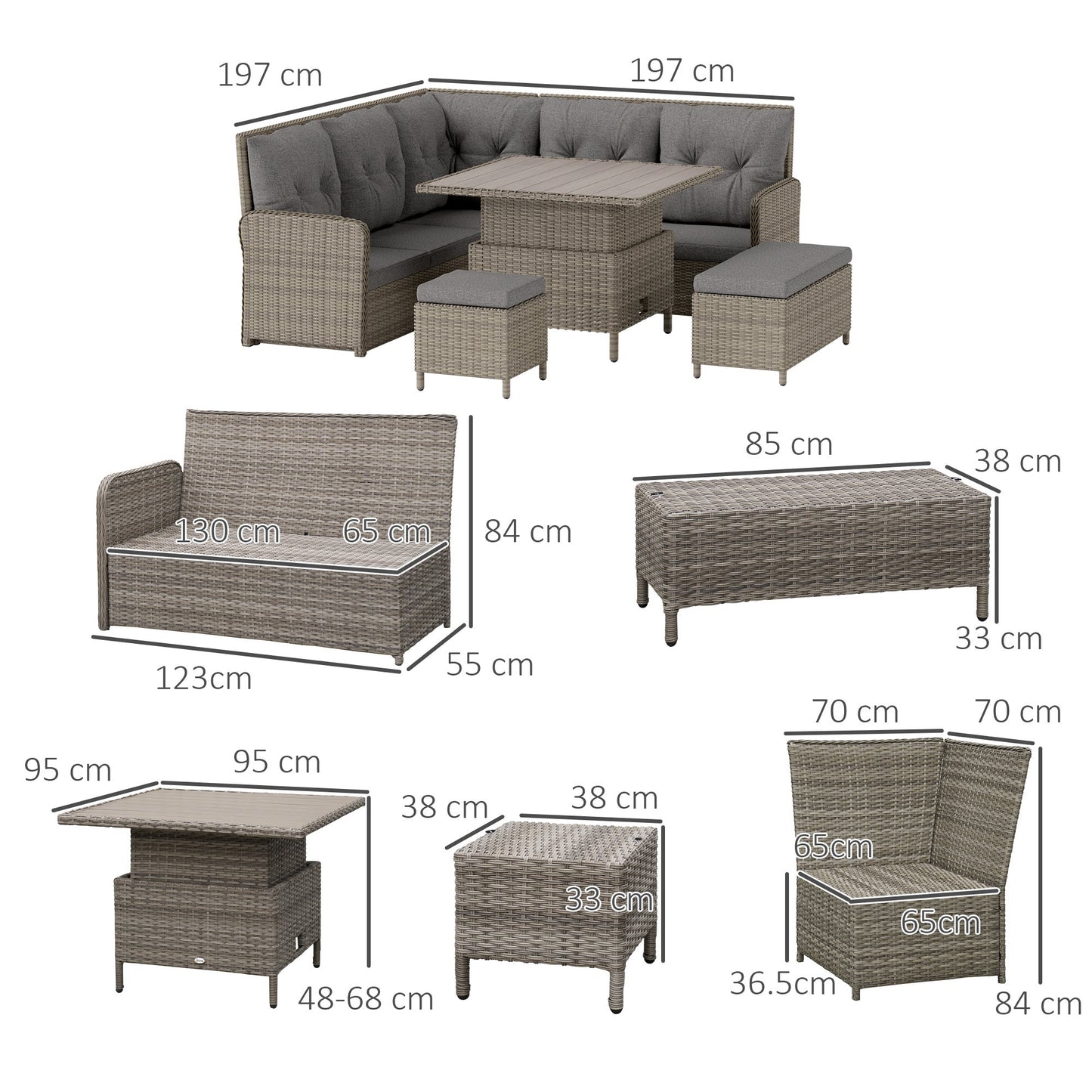 6 Pieces Outdoor PE Rattan Garden Furniture, Patio Wicker Sectional Conversation Corner Sofa w/ Soft Padded Cushion & Liftable Coffee Table, Light Grey