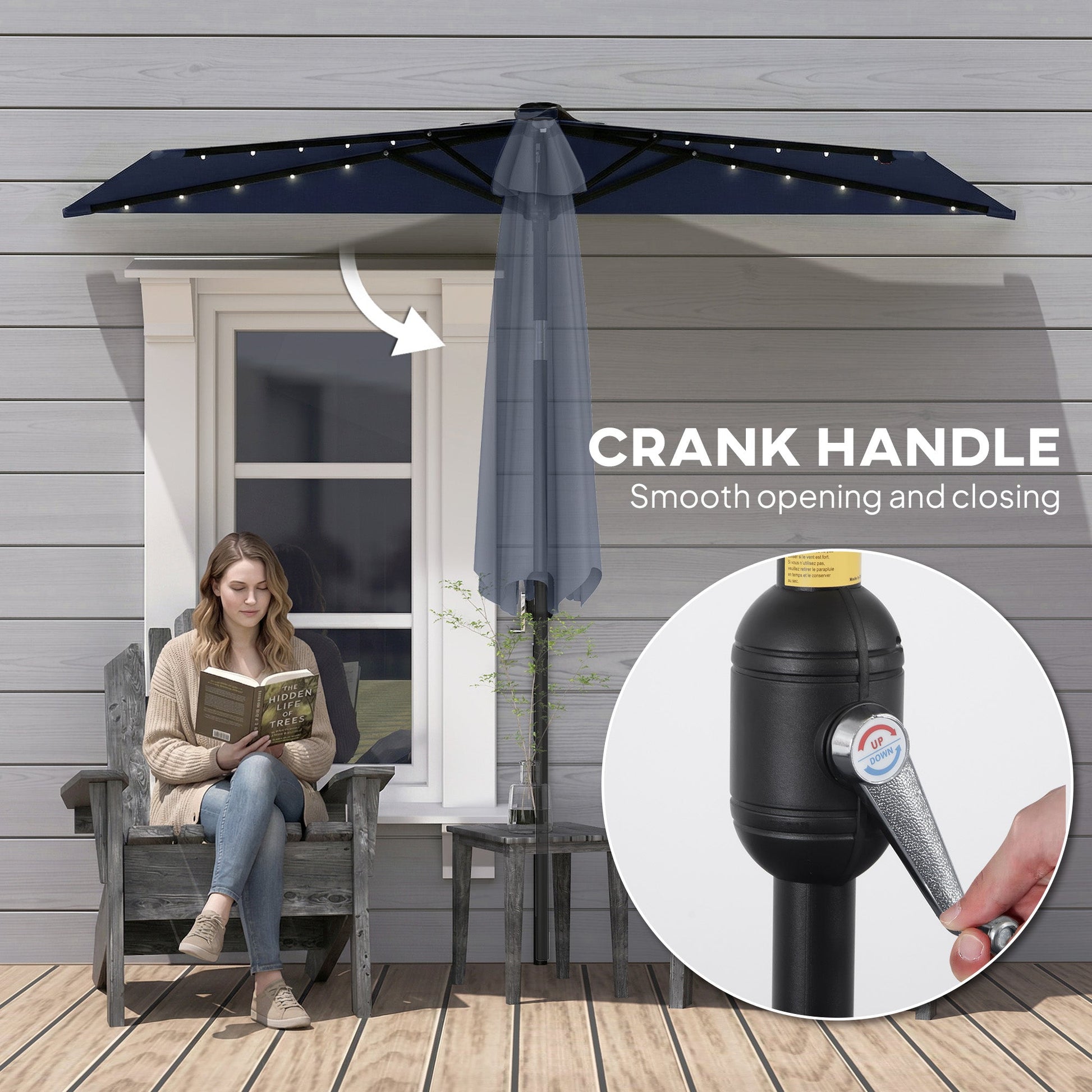 2.6 m Half Garden Parasol with Solar LED Lights, UPF50+ Semi Round Umbrella with 30° Tilt, Crank Handle, Metal Frame for Balcony, Dark Blue