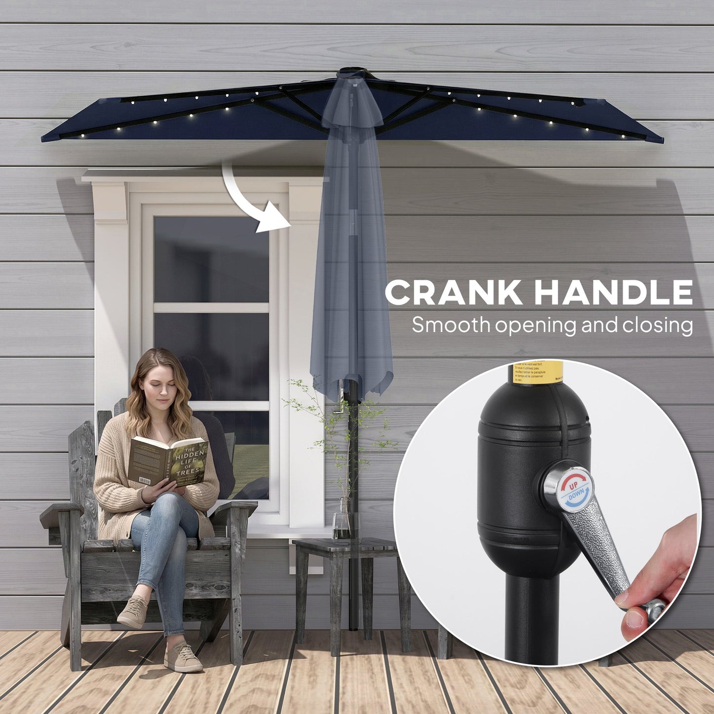 2.6 m Half Garden Parasol with Solar LED Lights, UPF50+ Semi Round Umbrella with 30° Tilt, Crank Handle, Metal Frame for Balcony, Dark Blue