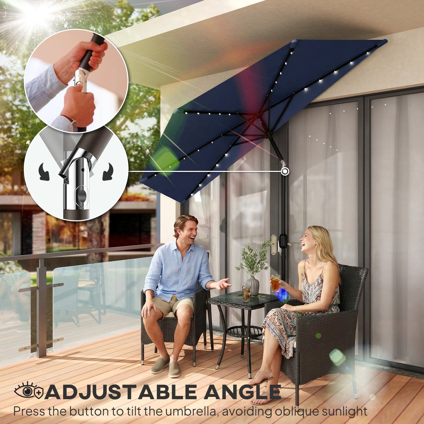 2.6 m Half Garden Parasol with Solar LED Lights, UPF50+ Semi Round Umbrella with 30° Tilt, Crank Handle, Metal Frame for Balcony, Dark Blue