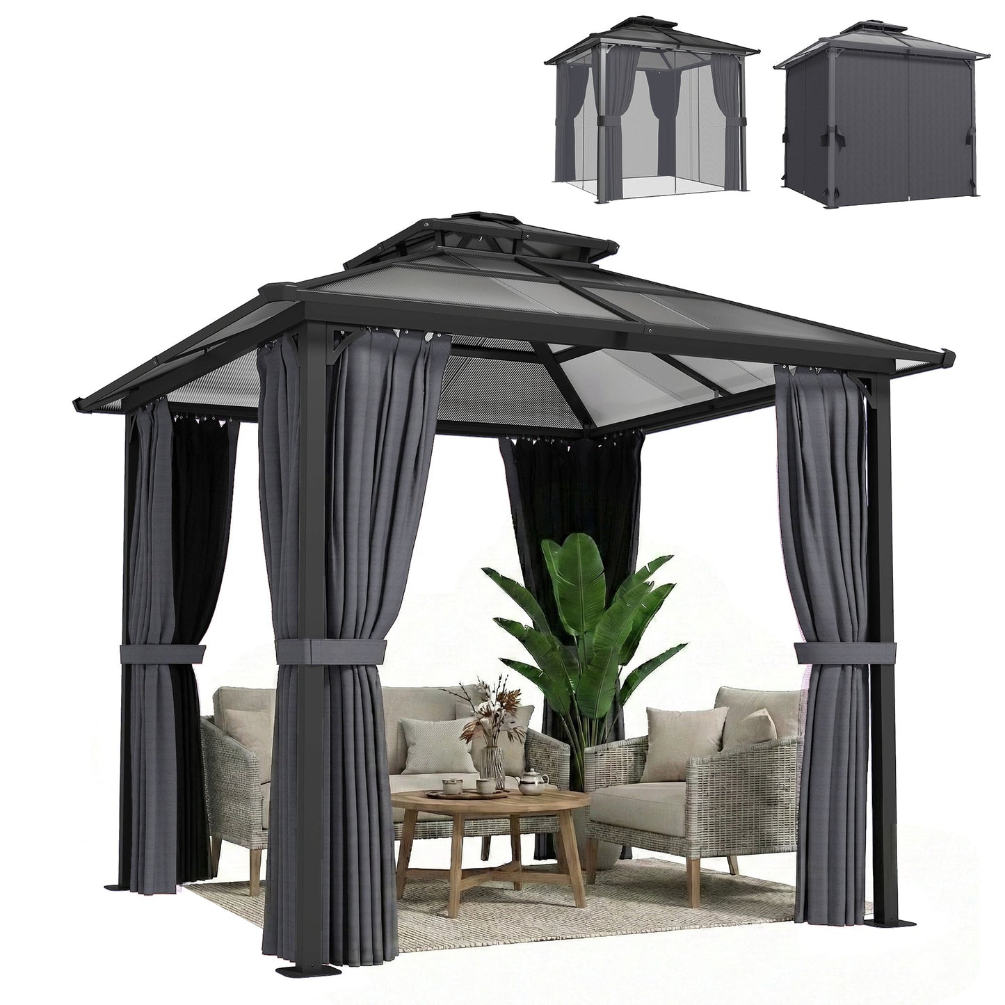 2.5 x 2.5 m Outdoor Hardtop Gazebo Canopy with Double Polycarbonate Roof, Metal Frame Garden Permanent Pavilion with Mosquito Netting and Curtains, Drainage Gutters, Ceiling Hook, Dark Grey