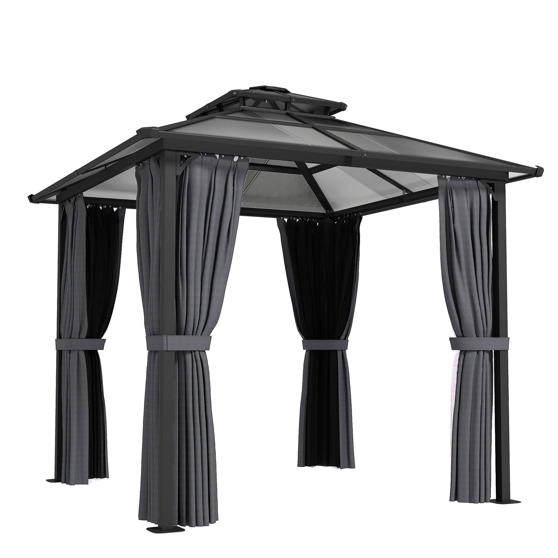 2.5 x 2.5 m Outdoor Hardtop Gazebo Canopy with Double Polycarbonate Roof, Metal Frame Garden Permanent Pavilion with Mosquito Netting and Curtains, Drainage Gutters, Ceiling Hook, Dark Grey