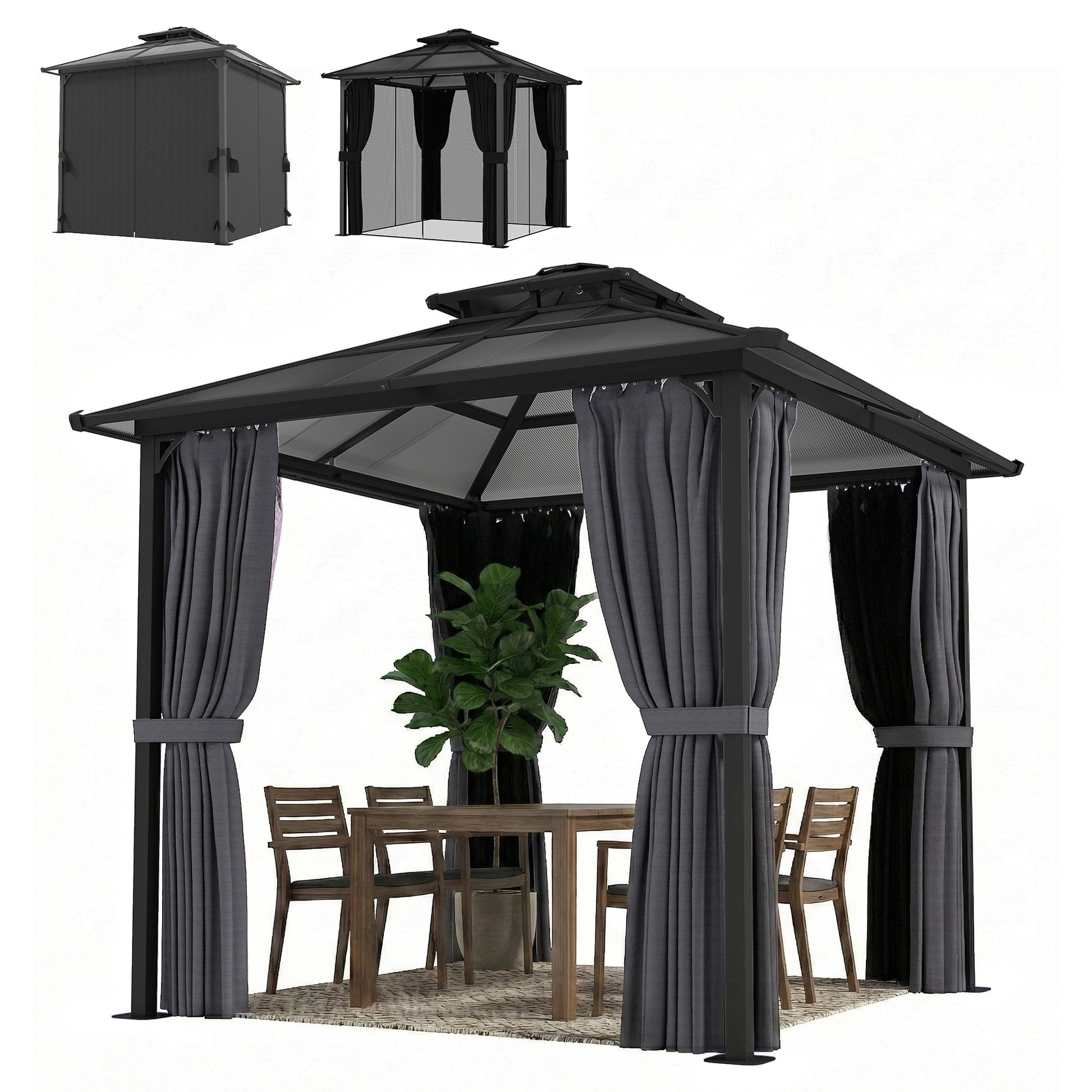 2.5 x 2.5 m Outdoor Hardtop Gazebo Canopy with Double Polycarbonate Roof, Metal Frame Garden Permanent Pavilion with Mosquito Netting and Curtains, Drainage Gutters, Ceiling Hook, Dark Grey