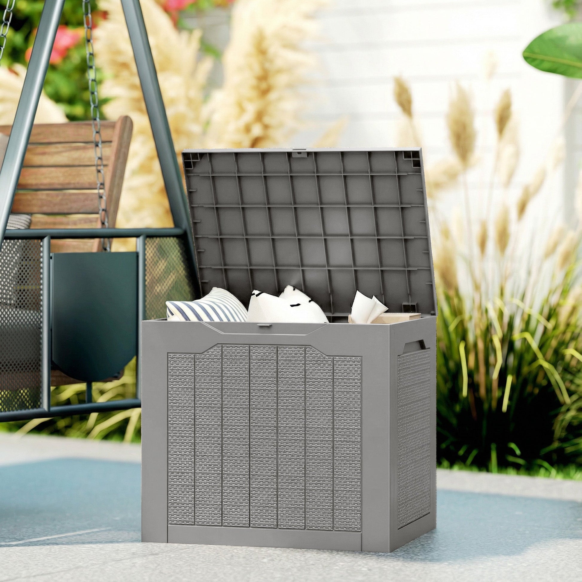 93L Plastic Garden Storage Box, Outdoor Storage Box with Handles, Waterproof Outdoor Storage Container for Garden Tools and Accessories, Khaki