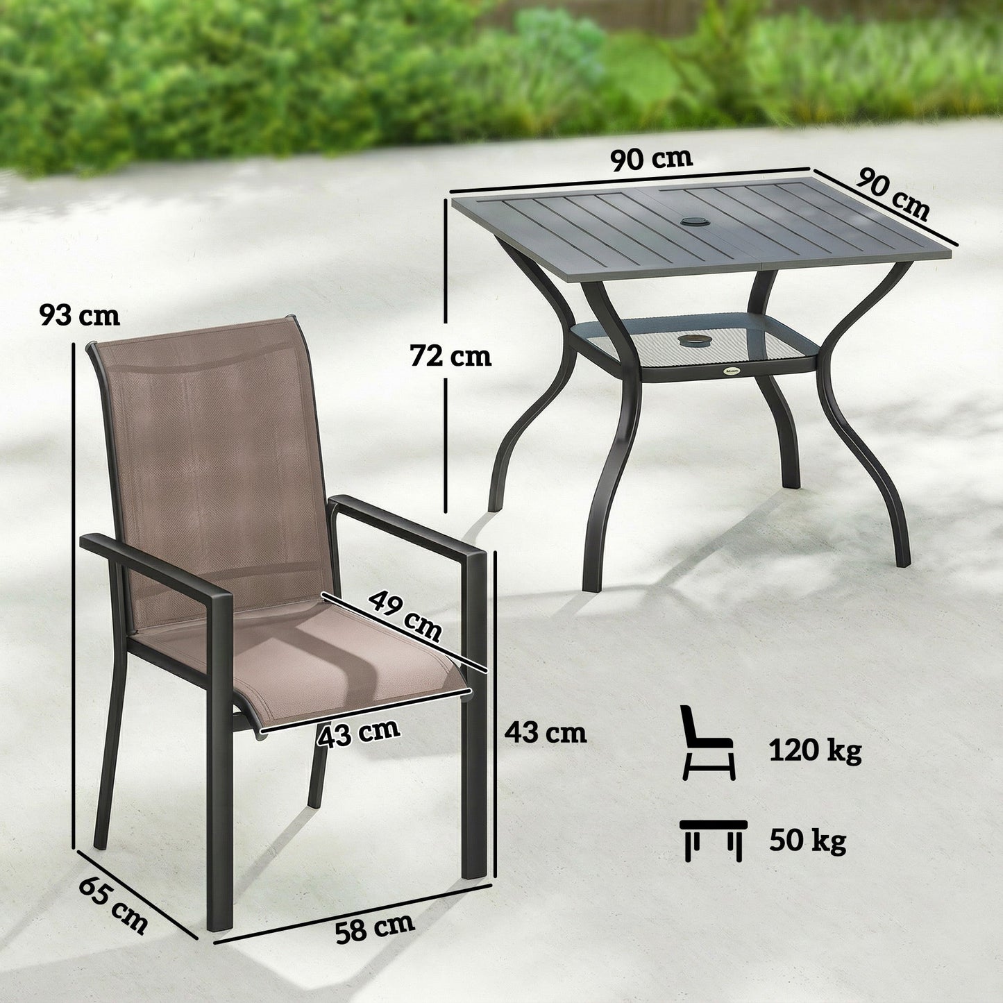5 Pieces Garden Dining Set for 4, Patio Table and Stackable Chairs with Breathable Mesh Seat and Parasol Hole, Garden Furniture Set with Steel Frame for Garden, Grey and Khaki
