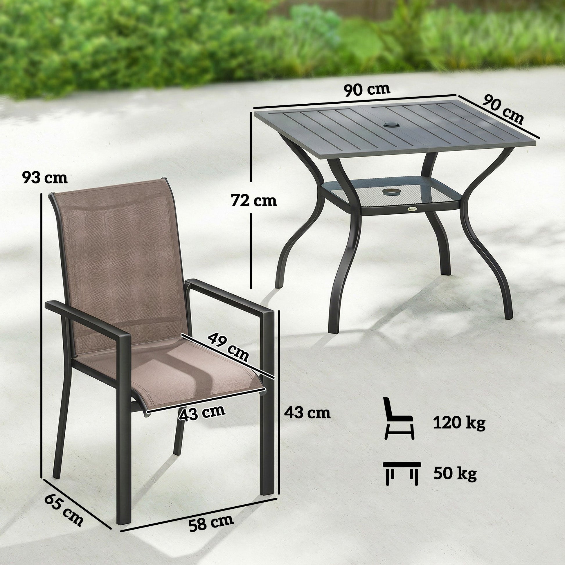 5 Pieces Garden Dining Set for 4, Patio Table and Stackable Chairs with Breathable Mesh Seat and Parasol Hole, Garden Furniture Set with Steel Frame for Garden, Grey and Khaki