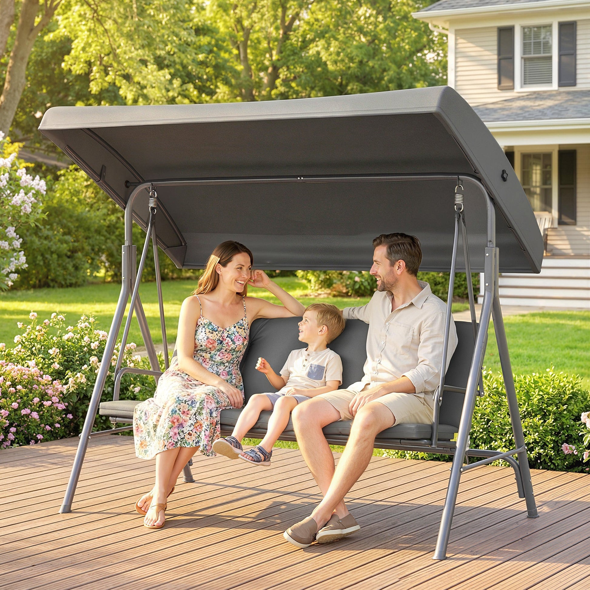 3 Seater Garden Swing Chair, Patio Rocking Bench with Tilting Canopy, Removable Cushion and Steel Frame, Dark Grey