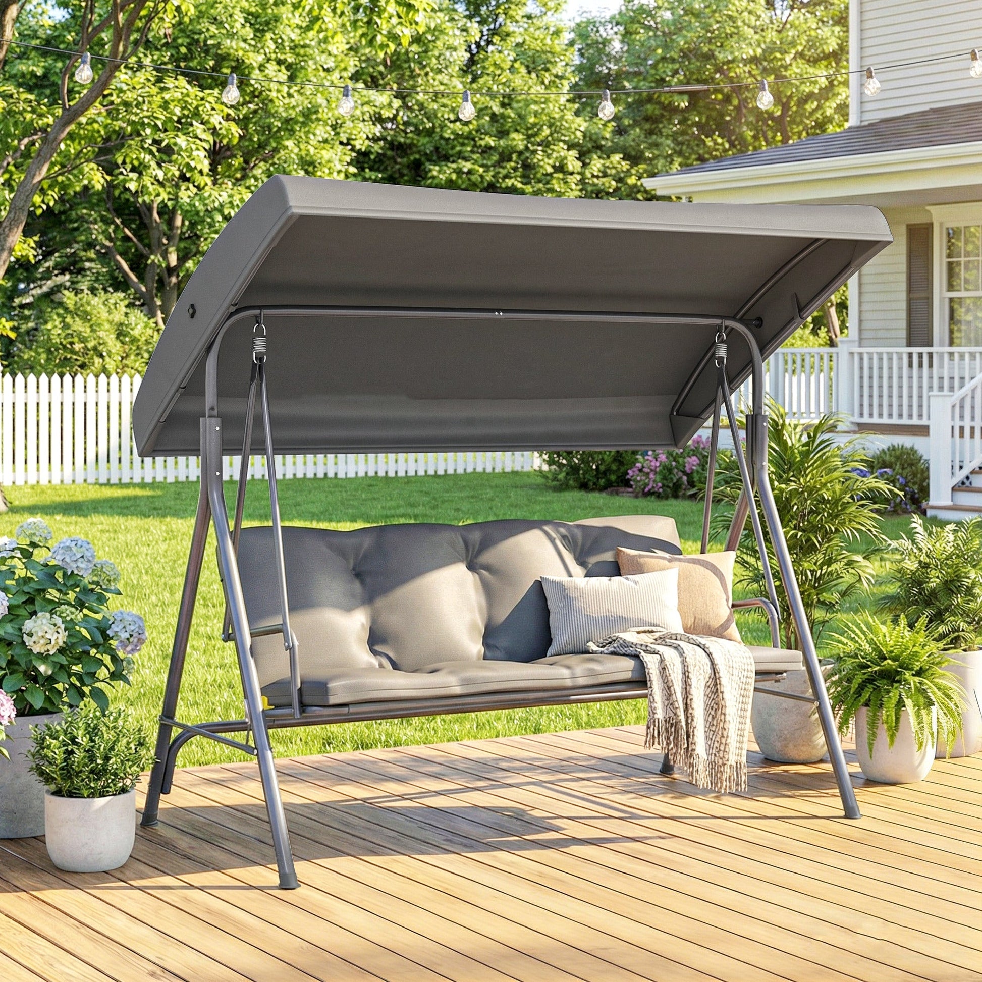 3 Seater Garden Swing Chair, Patio Rocking Bench with Tilting Canopy, Removable Cushion and Steel Frame, Dark Grey