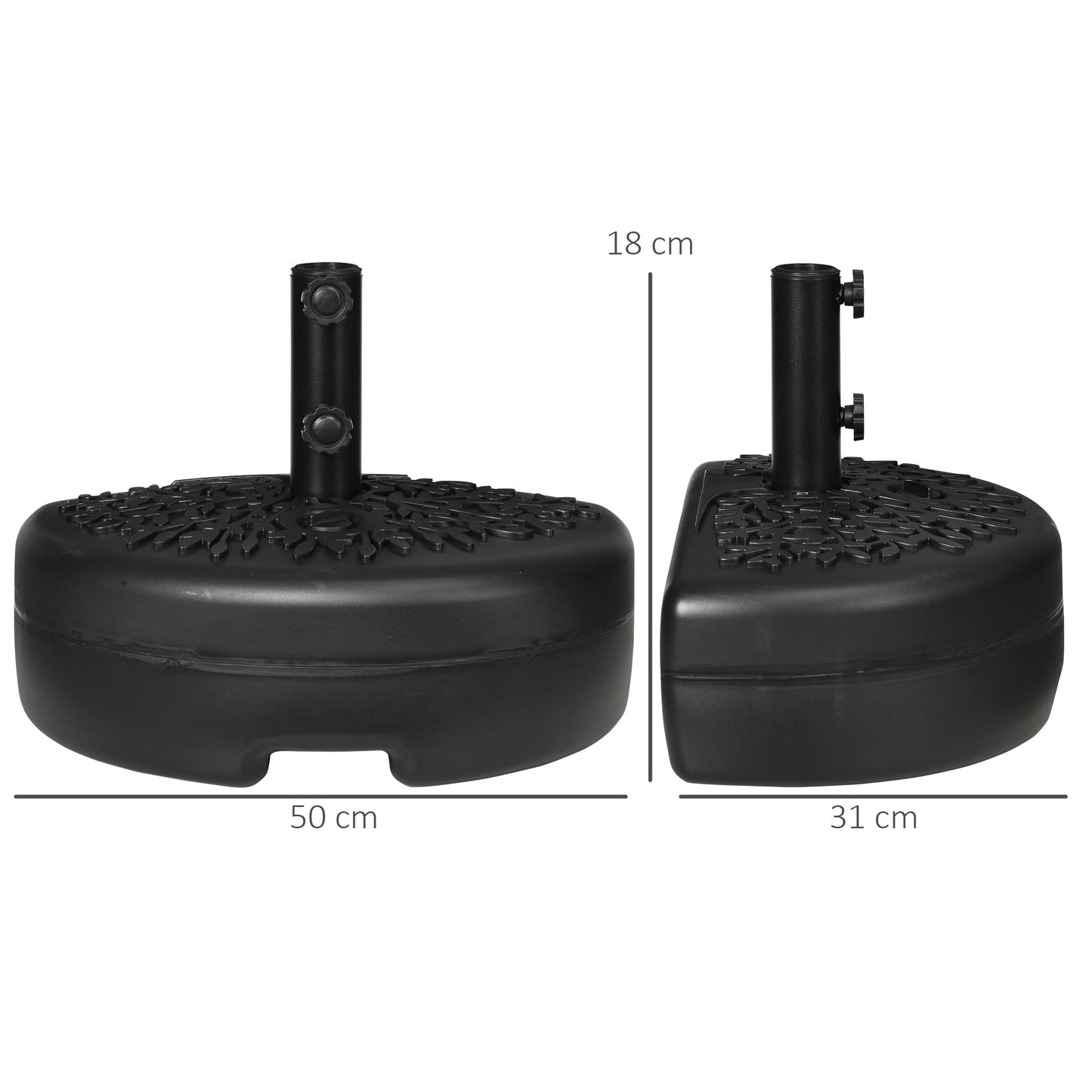 Half Round Umbrella Base, Half Patio Parasol Stand Holder for Deck, Garden, 18 kg Capacity Water or 21 kg Capacity Sand, Fit 3.8 cm or 4.8 cm Pole, Black