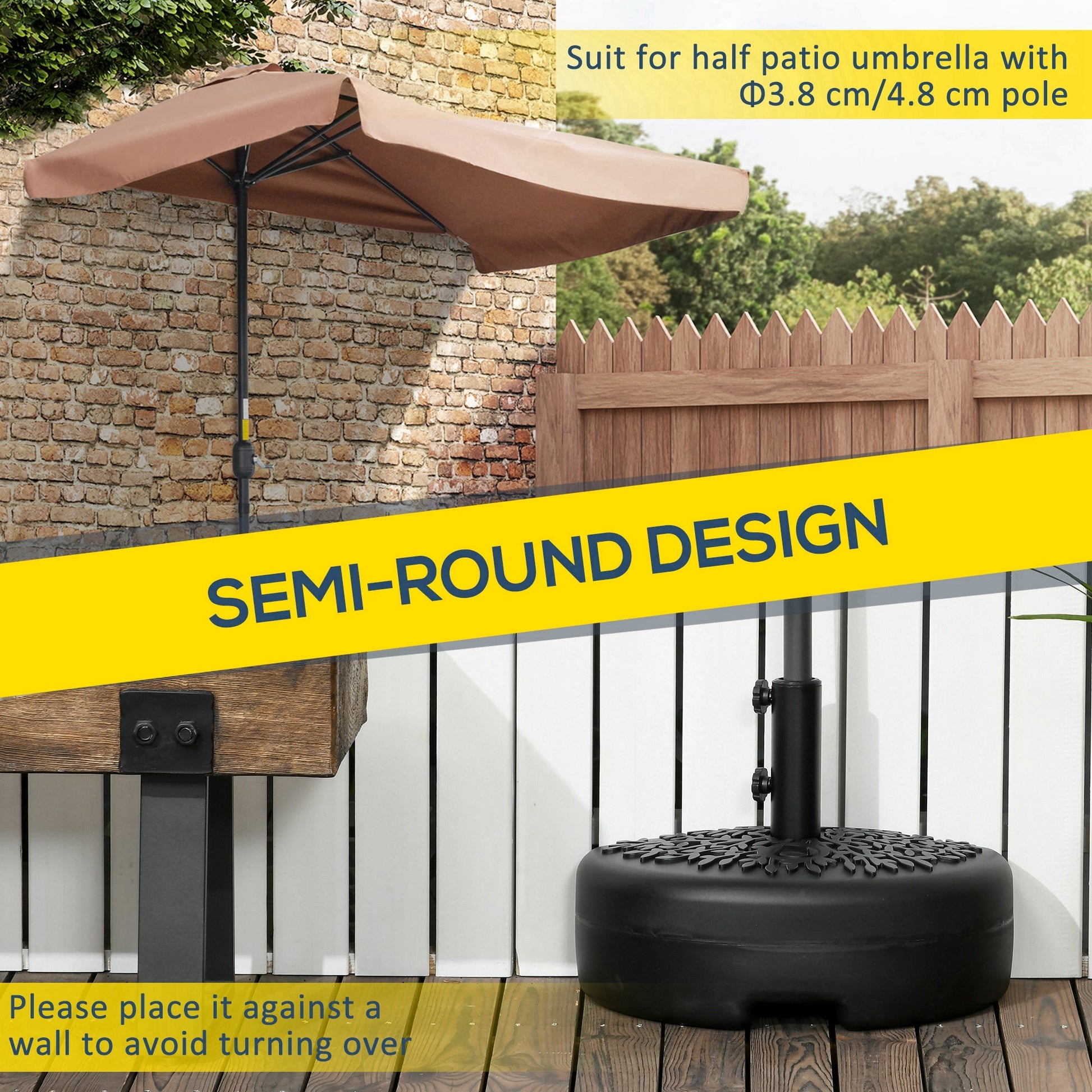 Half Round Umbrella Base, Half Patio Parasol Stand Holder for Deck, Garden, 18 kg Capacity Water or 21 kg Capacity Sand, Fit 3.8 cm or 4.8 cm Pole, Black