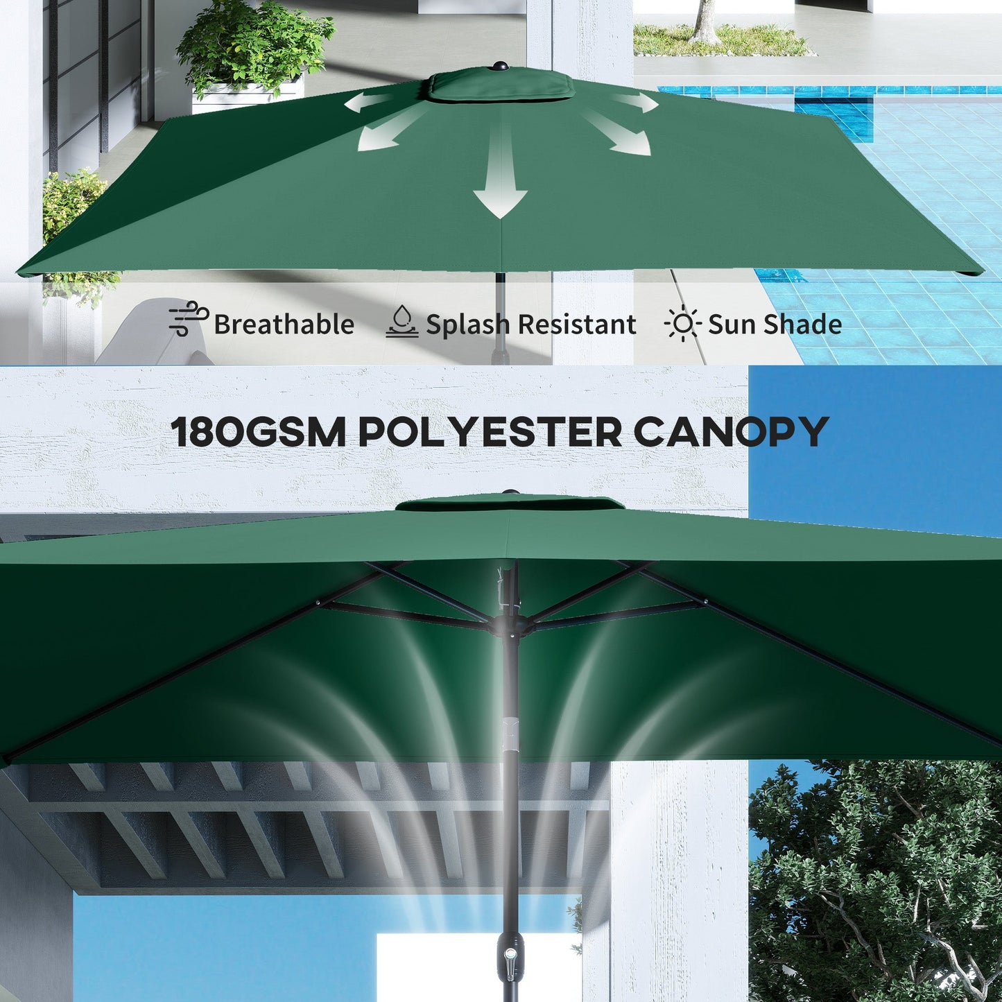 3x2m Garden Parasol, Parasol Umbrella with Crank Handle, Tilt Function, Polyester Canopy, Outdoor Table Umbrella for Patio, Garden, Green