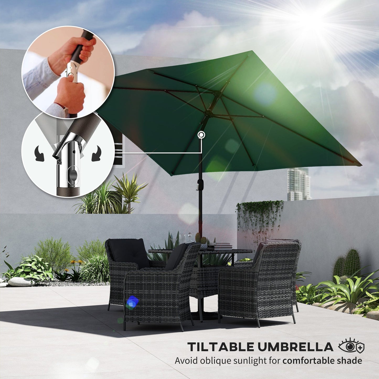 3x2m Garden Parasol, Parasol Umbrella with Crank Handle, Tilt Function, Polyester Canopy, Outdoor Table Umbrella for Patio, Garden, Green