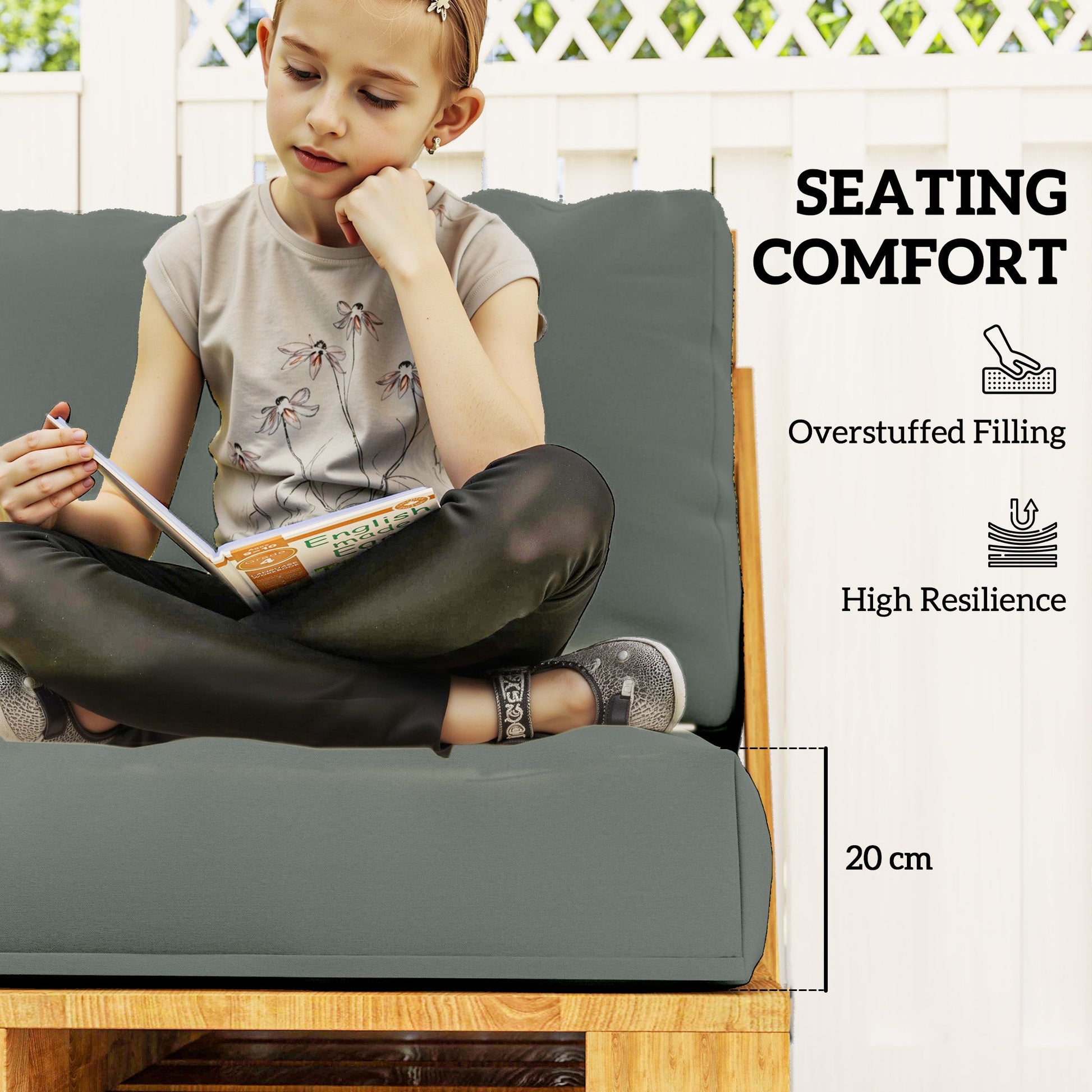 2 Seater Pallet Furniture Cushions Pallet Cushions, UPF20+ 220gsm Fabric, 20 cm Thick Outdoor Seat Pads, Charcoal Grey